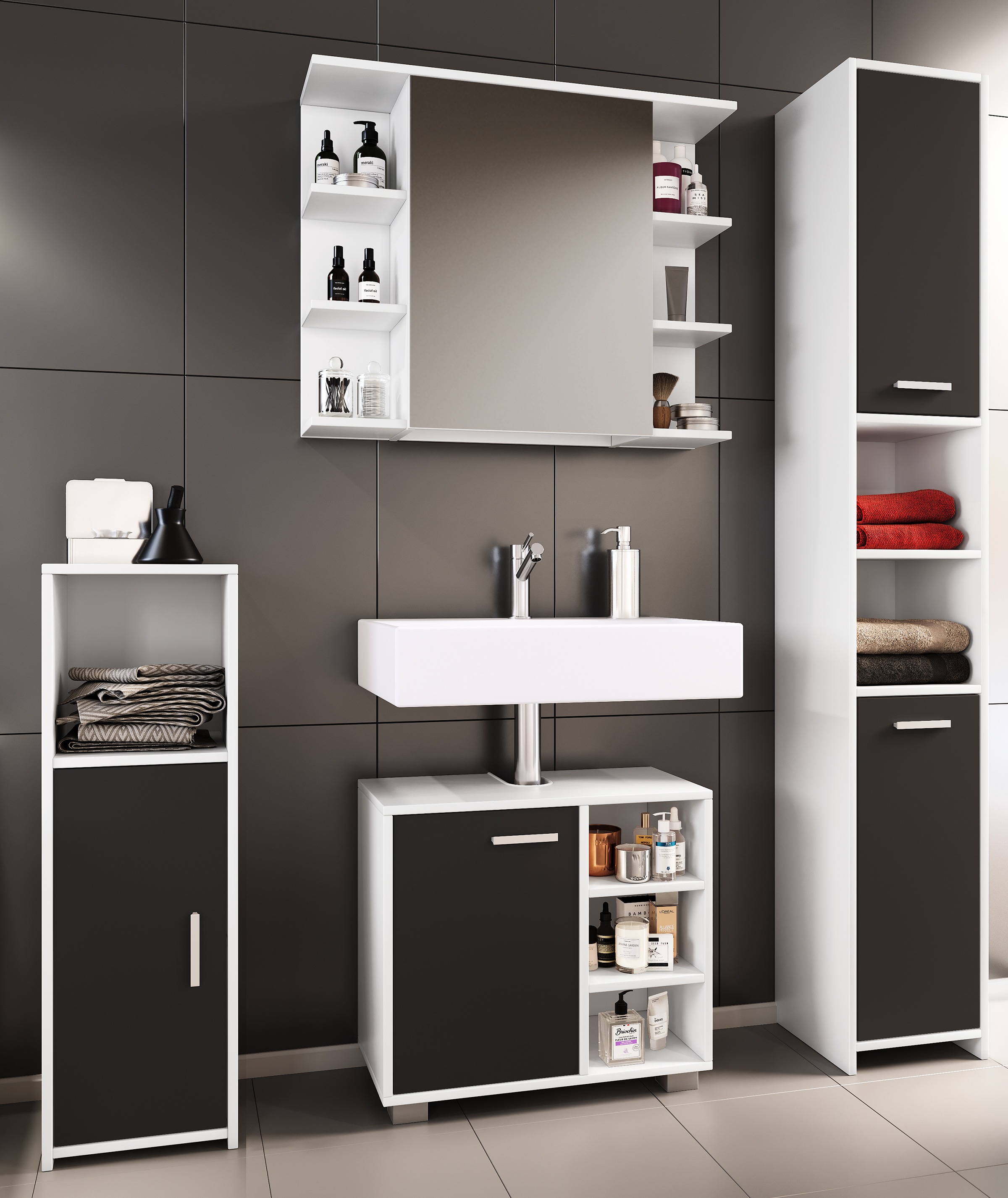 VCM Waschbeckenunterschrank »VCM 4-tlg. Badmöbelset | Badmöbel | Set aus Unterschrank, Midischrank, Hochschrank und Spiegelschrank | Badezimmermöbel - Zalo I«, (4 St.)