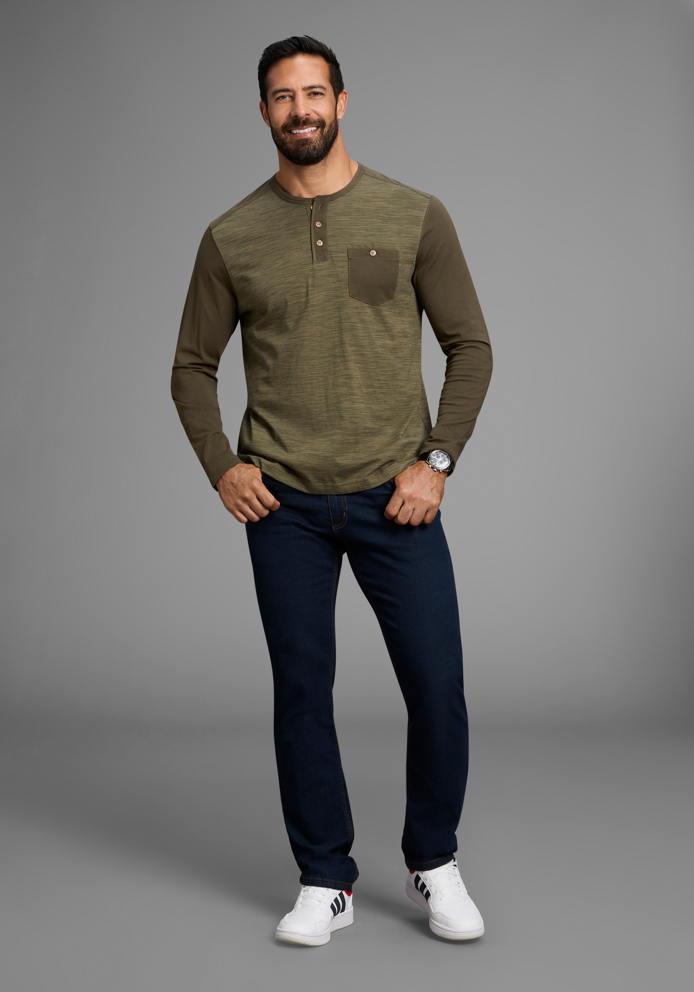 Arizona Longsleeve, Langarm, melierte Optik, Rundhalsausschnitt mit Knopfleiste