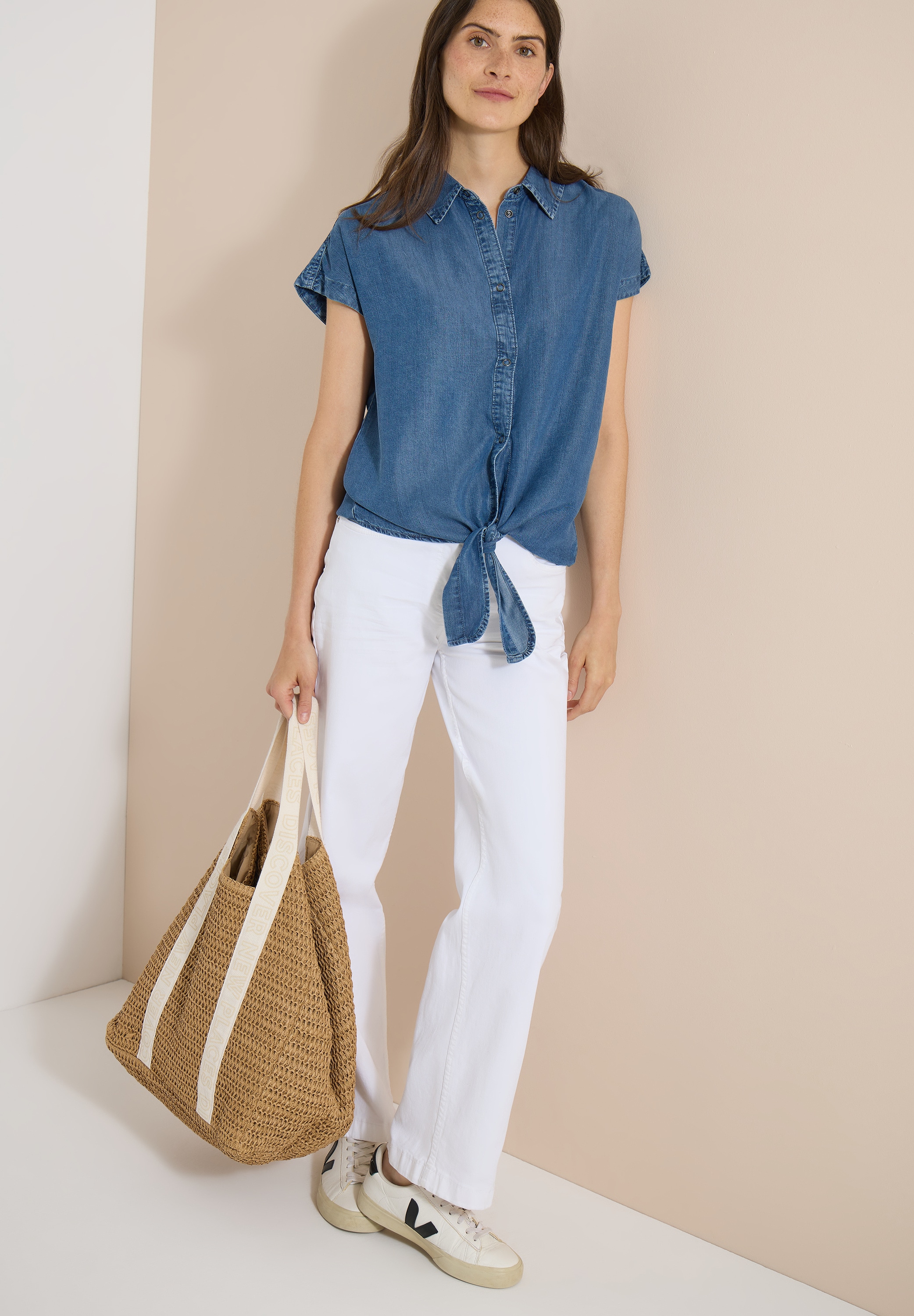 Cecil Hemdbluse Sommerbluse im Denim-Look / Knotendetail am Saum