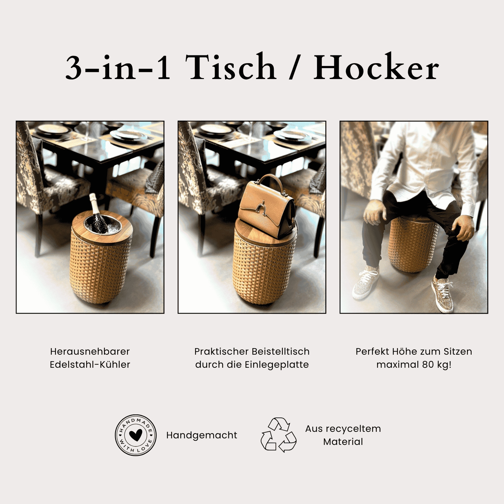 COOTAB Cooler Table Beistelltisch »4-in-1 Loungetisch mit Edelstahl-Kühler London 50 cm« 1 Stk. tlg. Wetterfest, Pflegeleicht, Hitzebeständig, Verstellbare Füße