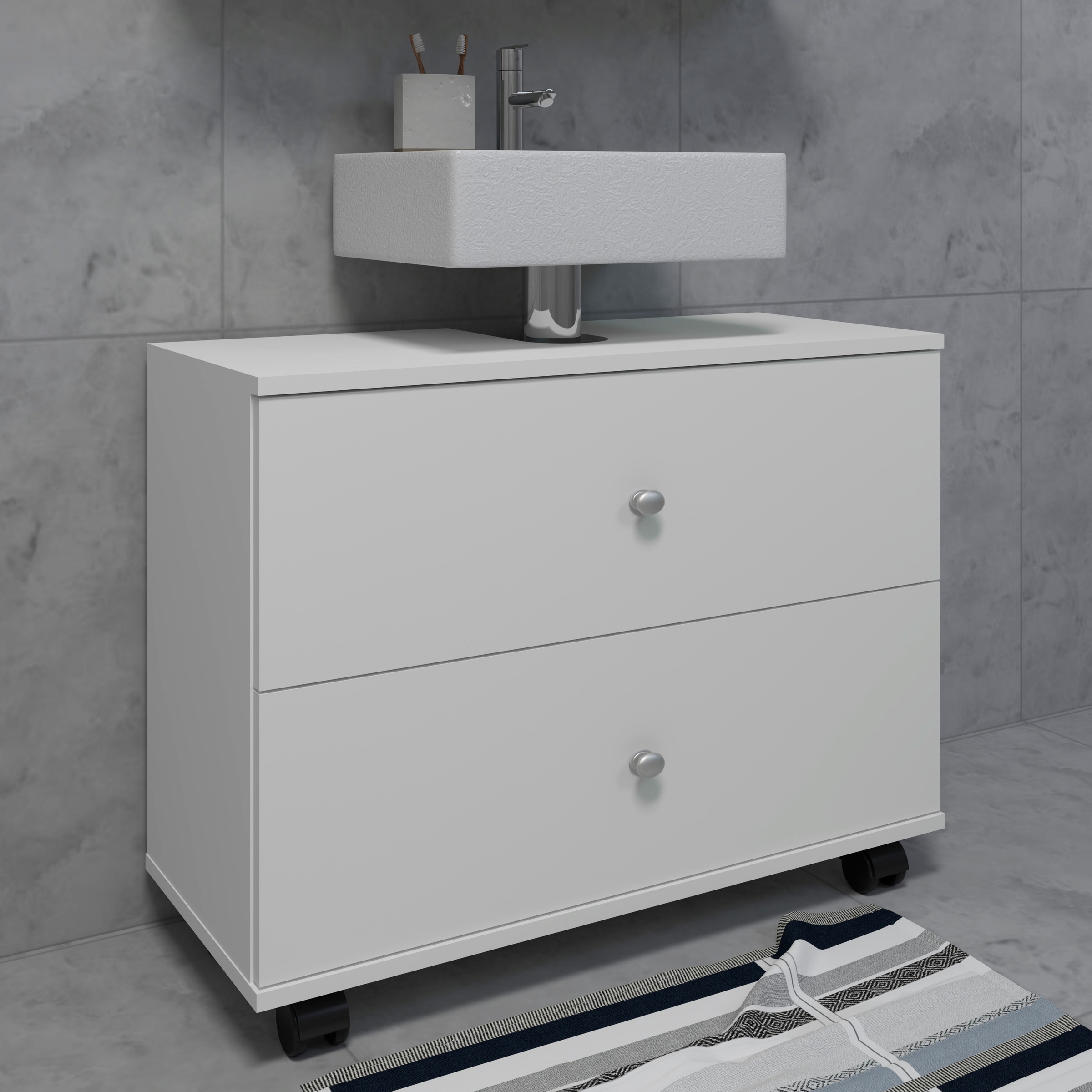 VCM Waschbeckenunterschrank »VCM Holz Waschbeckenunterschrank | Badschrank | Maße: H. 61 x B. 60 x T. 33 cm | 2 große Schubladen | 4 Rollen - Nilosi L«, (1 St.)