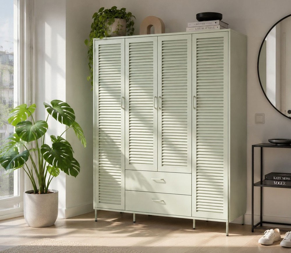 OTTO home Kleiderschrank »GERRON Kleiderschrank Metallschrank Spind« Schlafzimmerschrank, 4 Türen & Schubladen, grün salbei, Breite 158cm