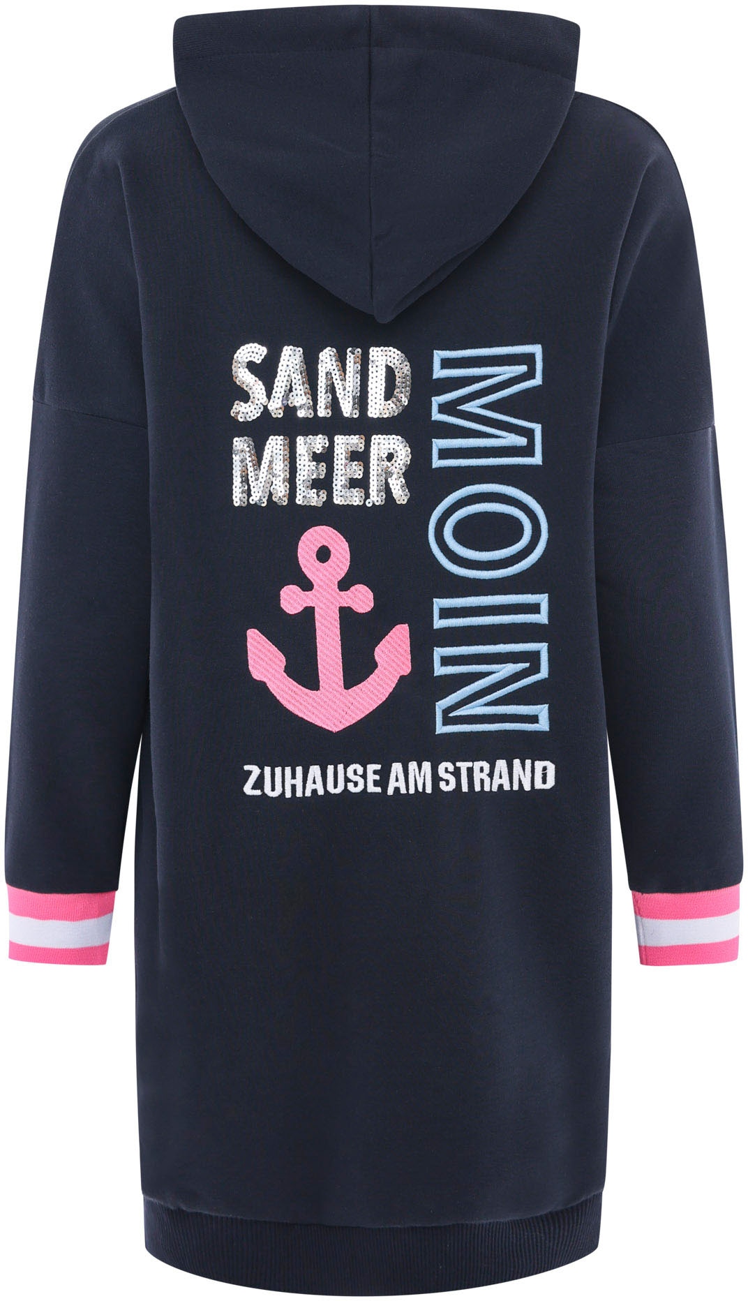 Zwillingsherz Sweatkleid »"Zuhause am Strand"«, mit Kapuze, Taschen, Front und Backmotiv und Bündchen mit Neonstreifen