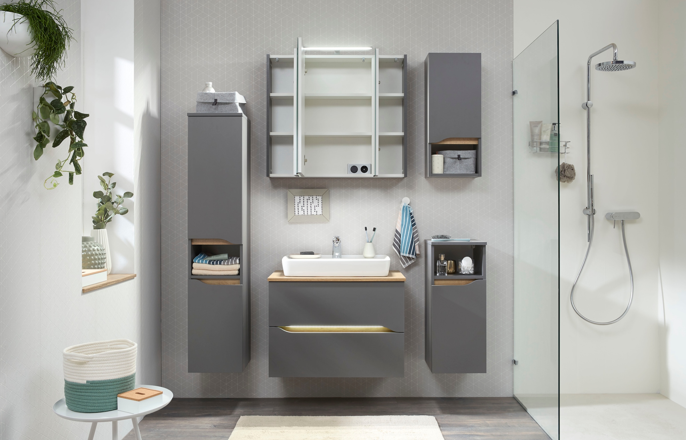 Saphir Badmöbel-Set »Quickset 5-teilig, Keramik-Aufsatzbecken und LED-Spiegelschrank« 8 Stk. tlg.