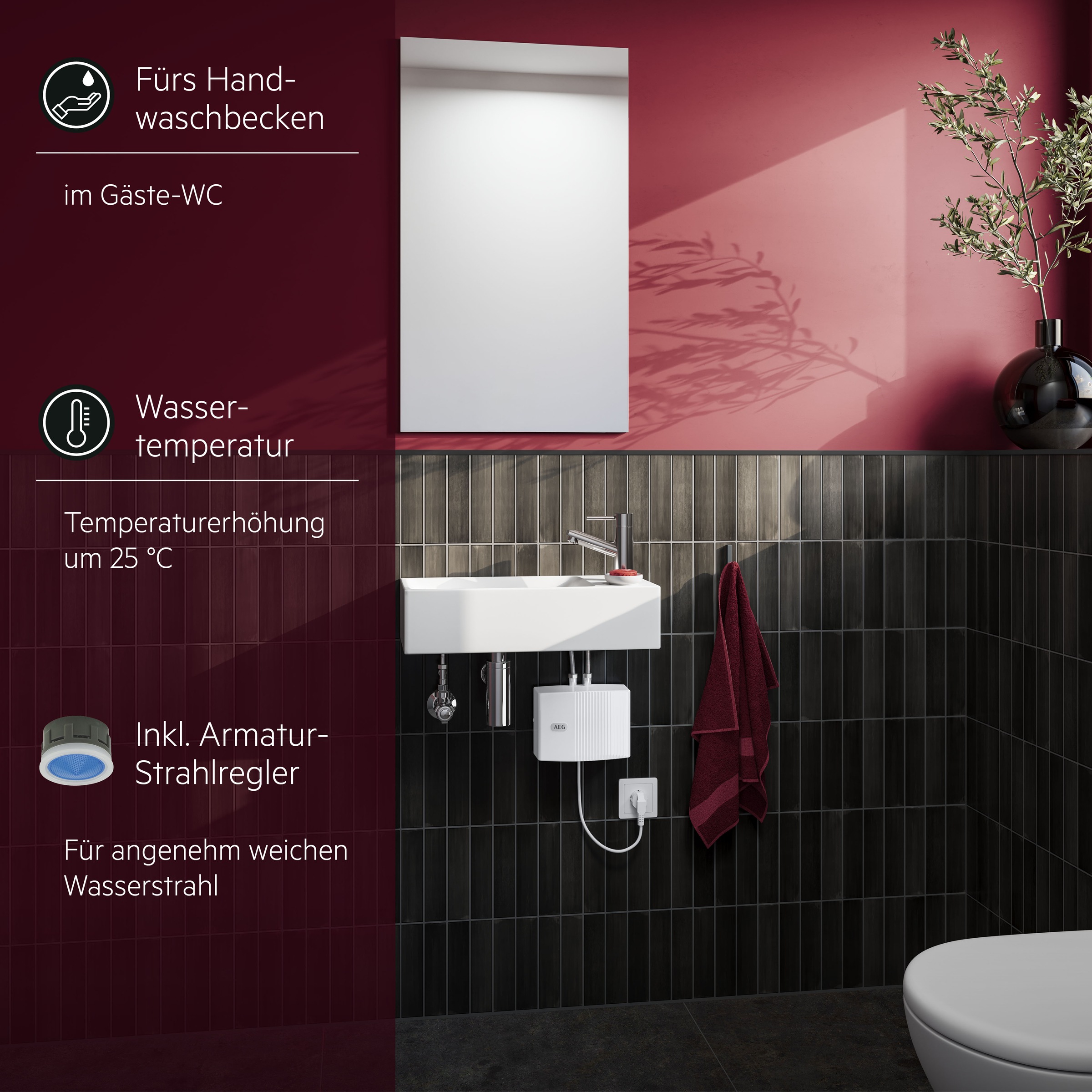 AEG Haustechnik Klein-Durchlauferhitzer »MTD 350 f. Handwaschbecken, 3,5 kW, m. Stecker« 230V, hydraulisch, drucklos