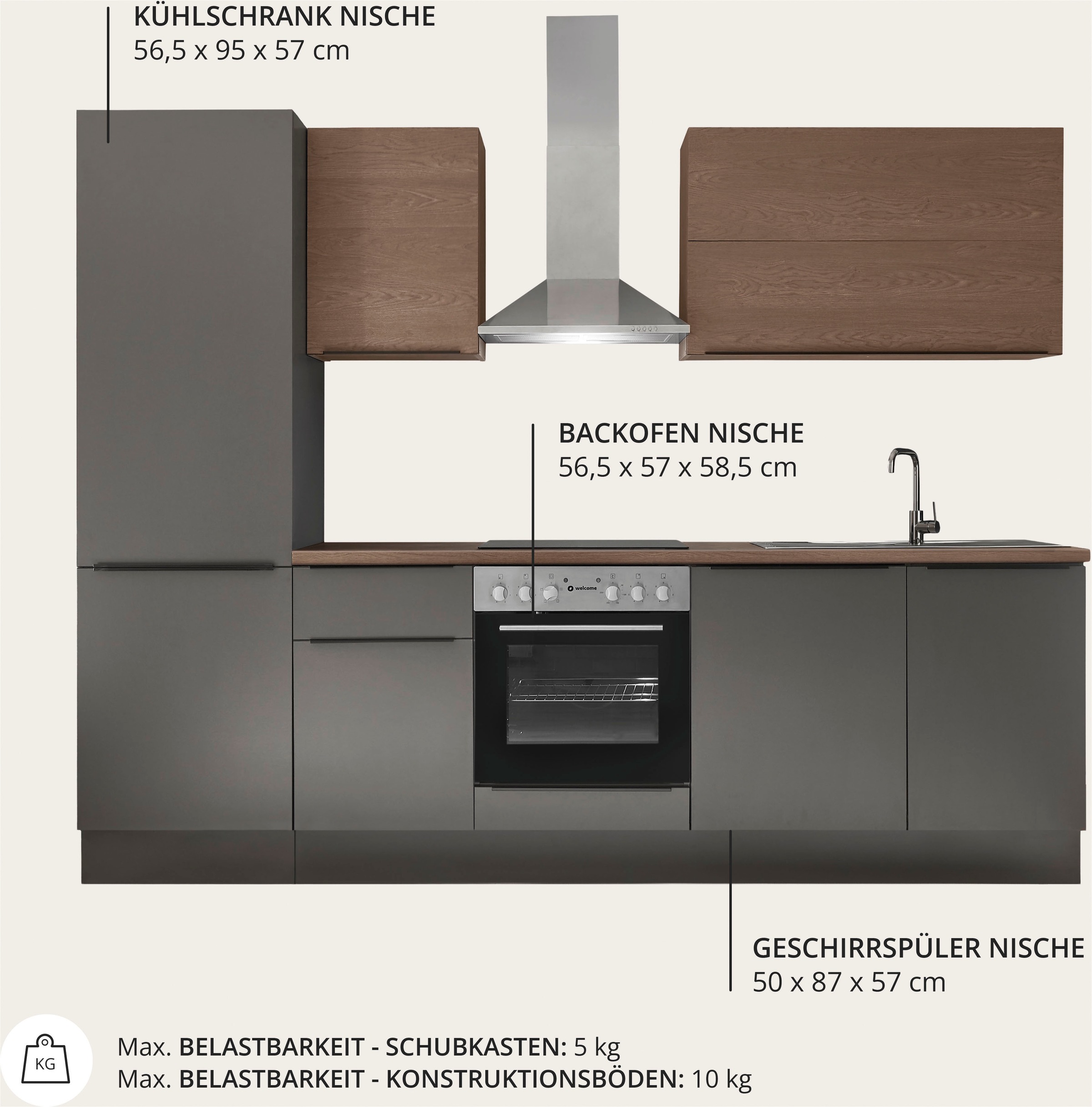 KOCHSTATION Küchenzeile »Cocco B/H/T 280x211x60 cm« Breite 280 cm, wahlweise mit E-Geräten und Induktion
