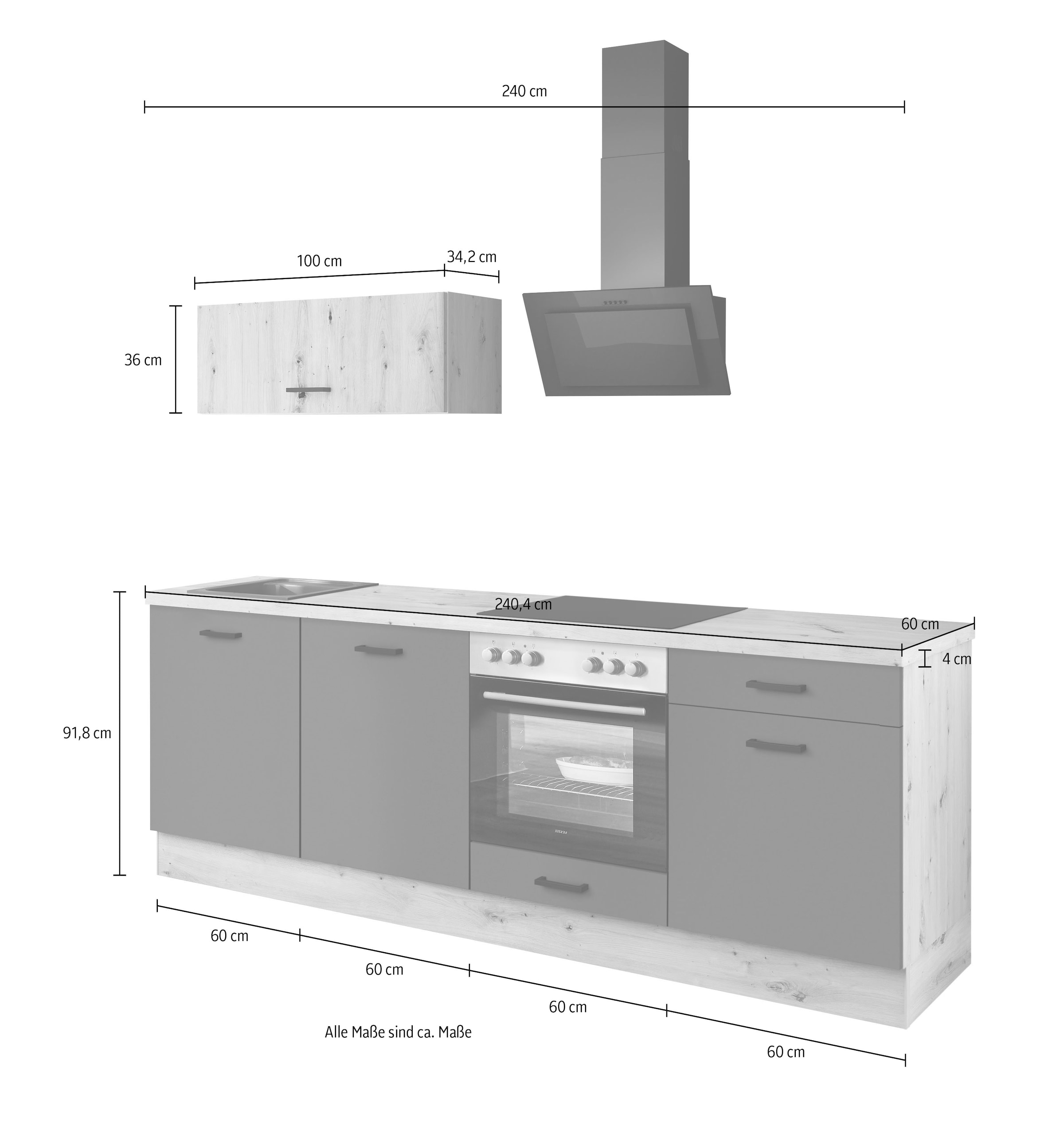 IMPULS KÜCHEN Küchenzeile »Lissabon, Ausrichtung wählbar, Schubkästen mit Soft-Close« Set,  vormontiert, in verschiedenen Farben erhältlich, Breite 240 cm