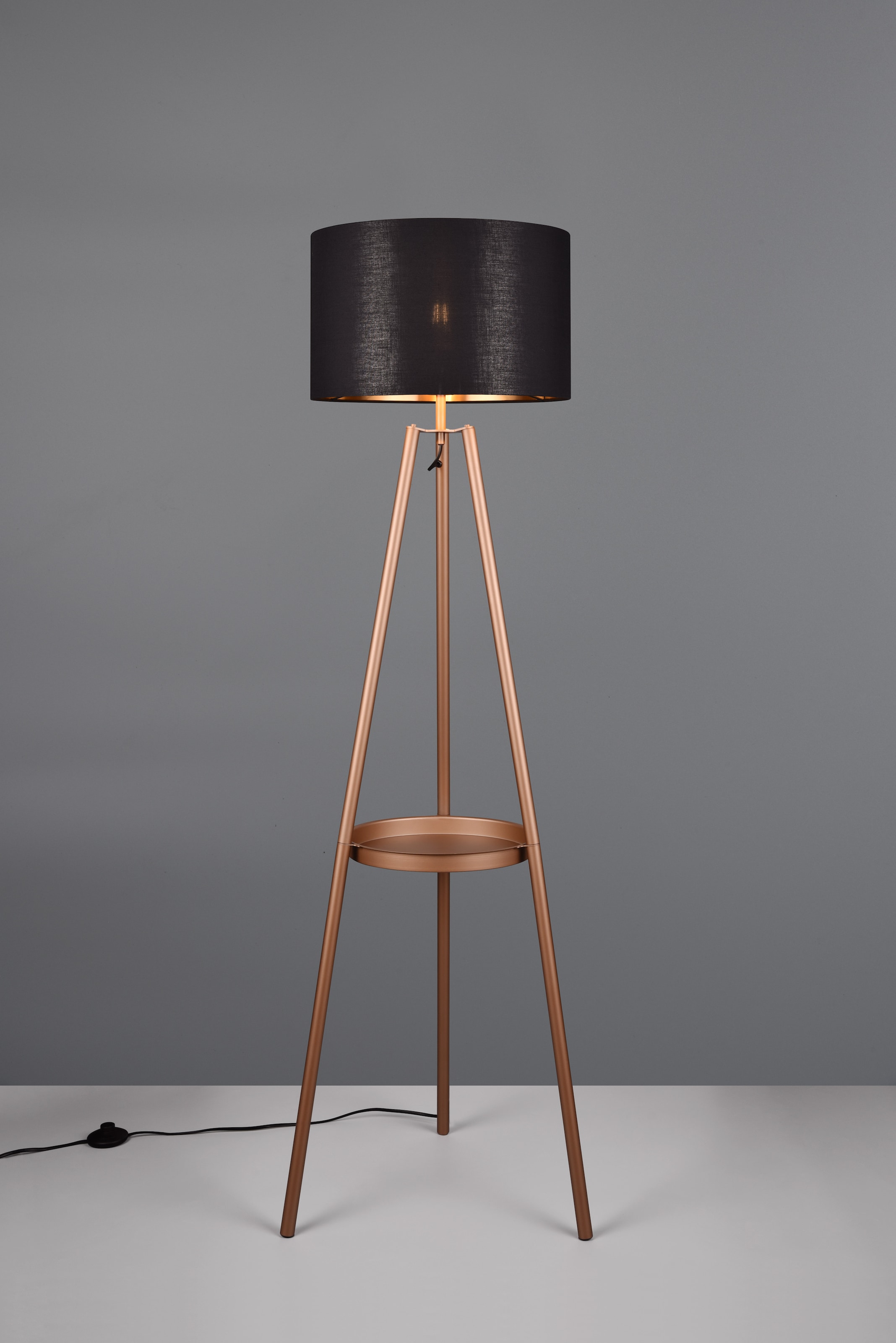 REALITY Leuchten Stehlampe »COLETTE, Stehleuchte Dreibein mit Ablagefläche exkl 1xE27 max 60W«, 1 flammig, Leuchtmittel E27 | Leuchtmittel wechselbar, Stehleuchte Ø 57cm mit Fußschalter moderne Farbkombination innen gold