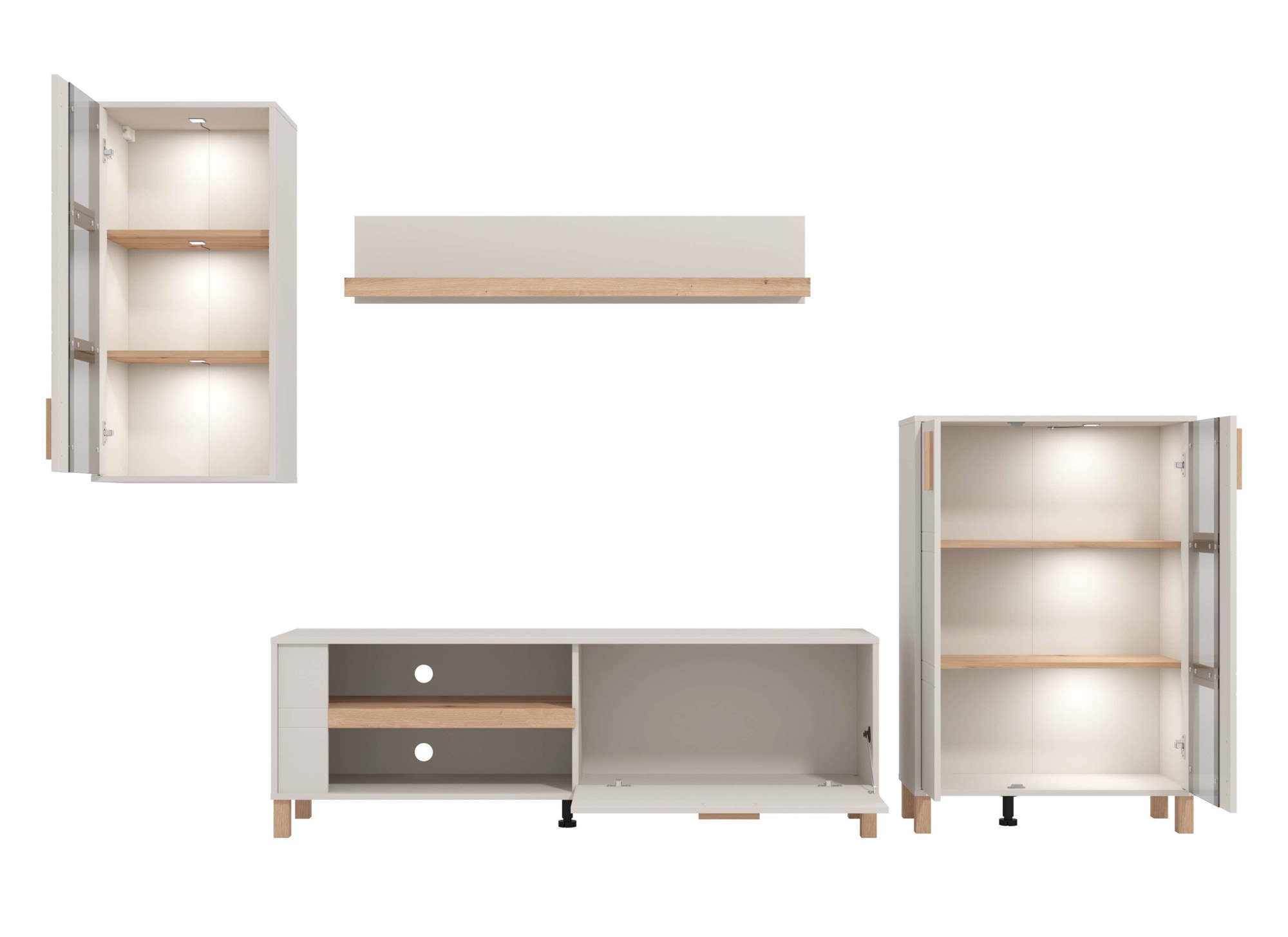 Home affaire Wohnwand »Sheffield, inkl. TV-Board, Highboard, Hängevitrine und Wandregal«, (Komplett-Set, 4 St.), Getöntes Glas, 2D-beschichtetes MDF-Profil, Heißprägedetails