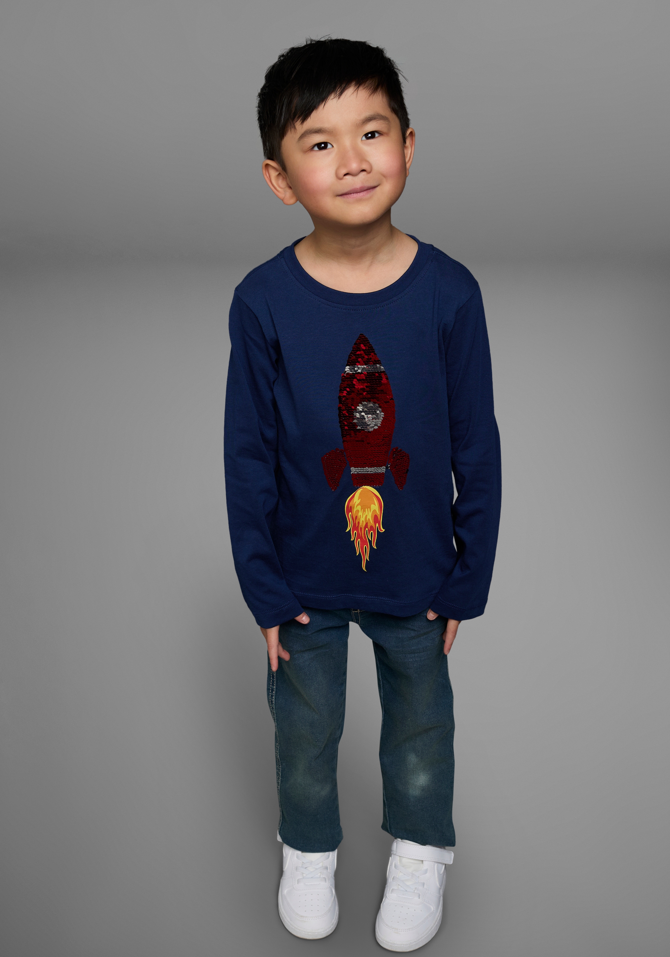KIDSWORLD Langarmshirt »Rakete aus Wendepailletten«, langärmelige, Basic-Passform, aus Jerseystoff, aus Baumwolle