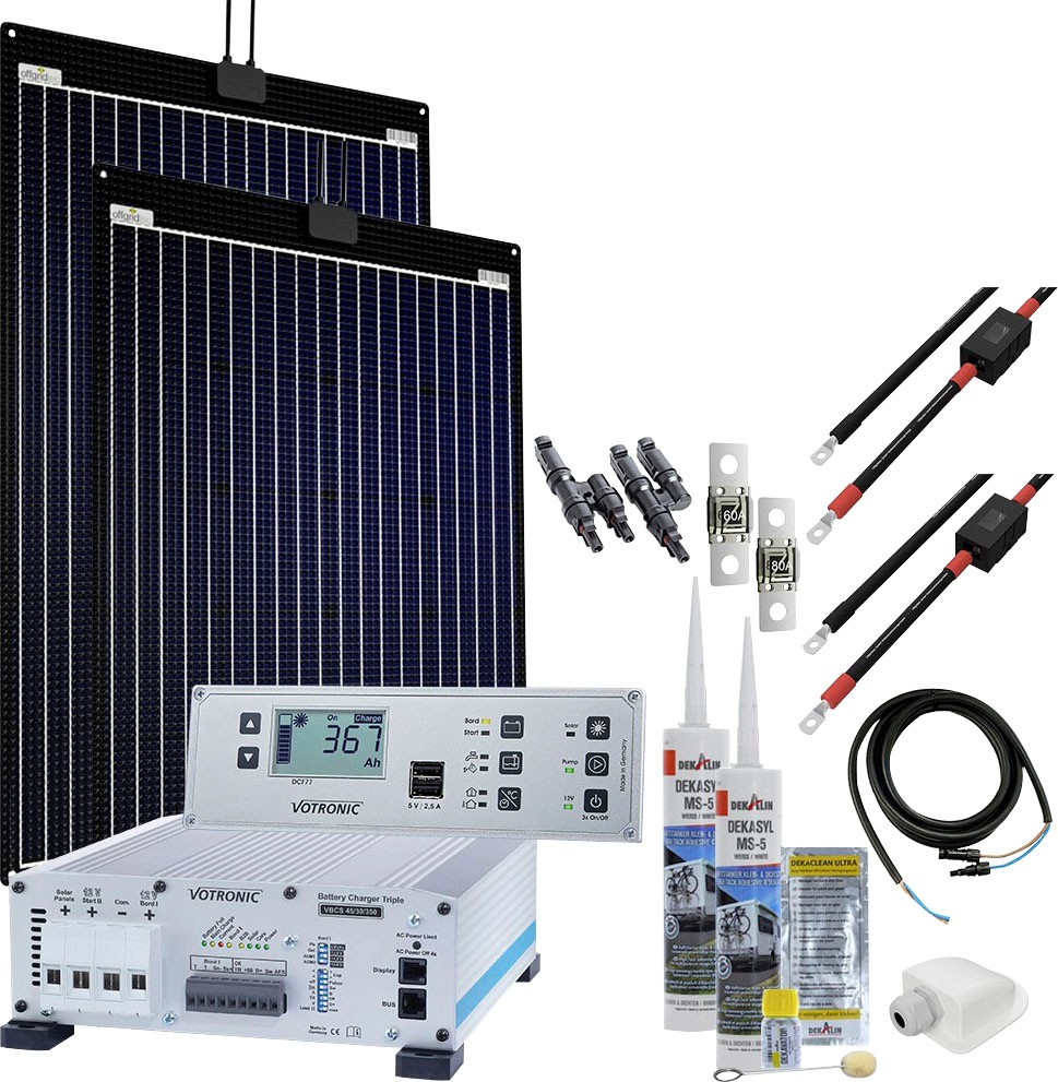 Offgridtec Solaranlage »mTriple Flex L mit 2 x 160W 45/30/350 VBCS Triple Charger« mit 5748 VPC Jupiter Kombipanel, für Wohnmobile in schwarz