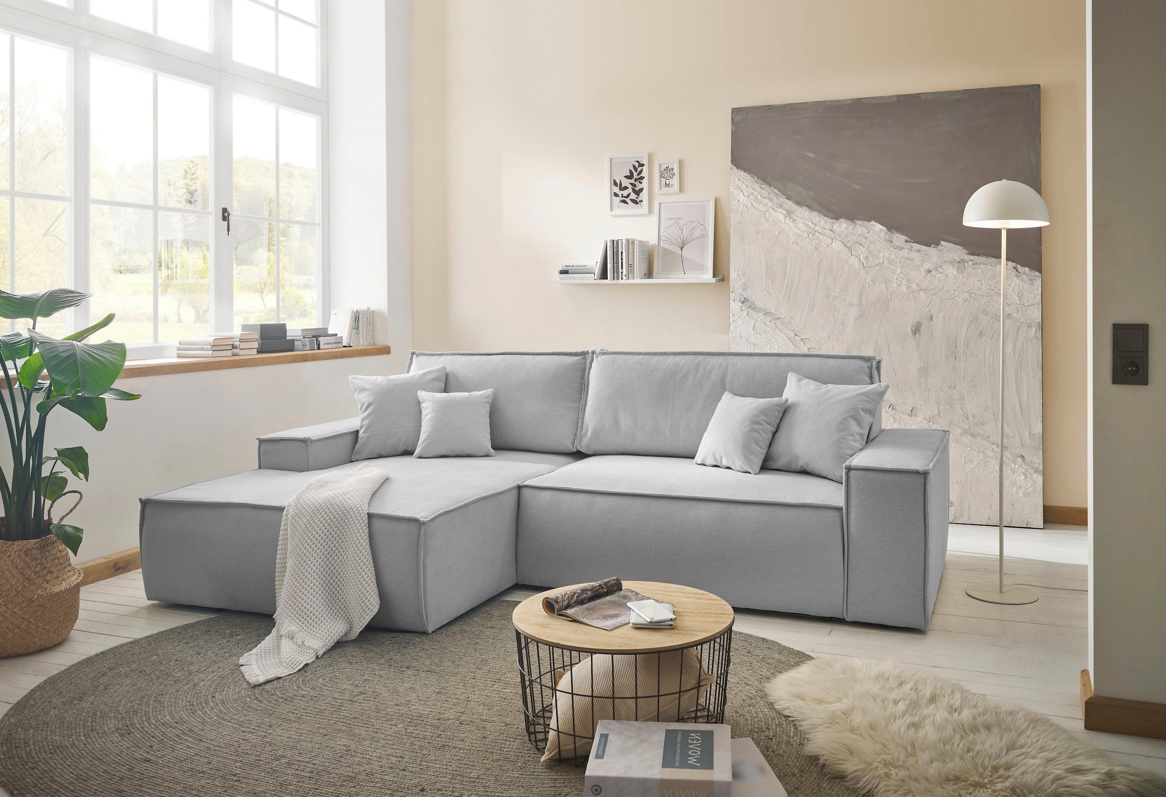 andas Ecksofa »Finnley Schlafsofa 267 cm in Bouclé u. Struktur fein, L-Form,«, Schlaffunktion m. Bettkasten (136/210 cm), Bouclé, Struktur