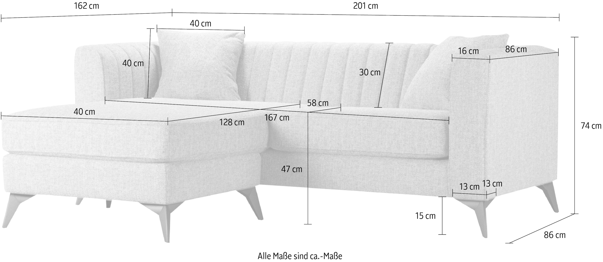 Places of Style Ecksofa »MATTHEW L-Form ideal für kleine Räume, Maße B/T/H: 201/162/74 cm«, elegantes Designsofa, feine Steppung im Rücken, incl. Zierkissen