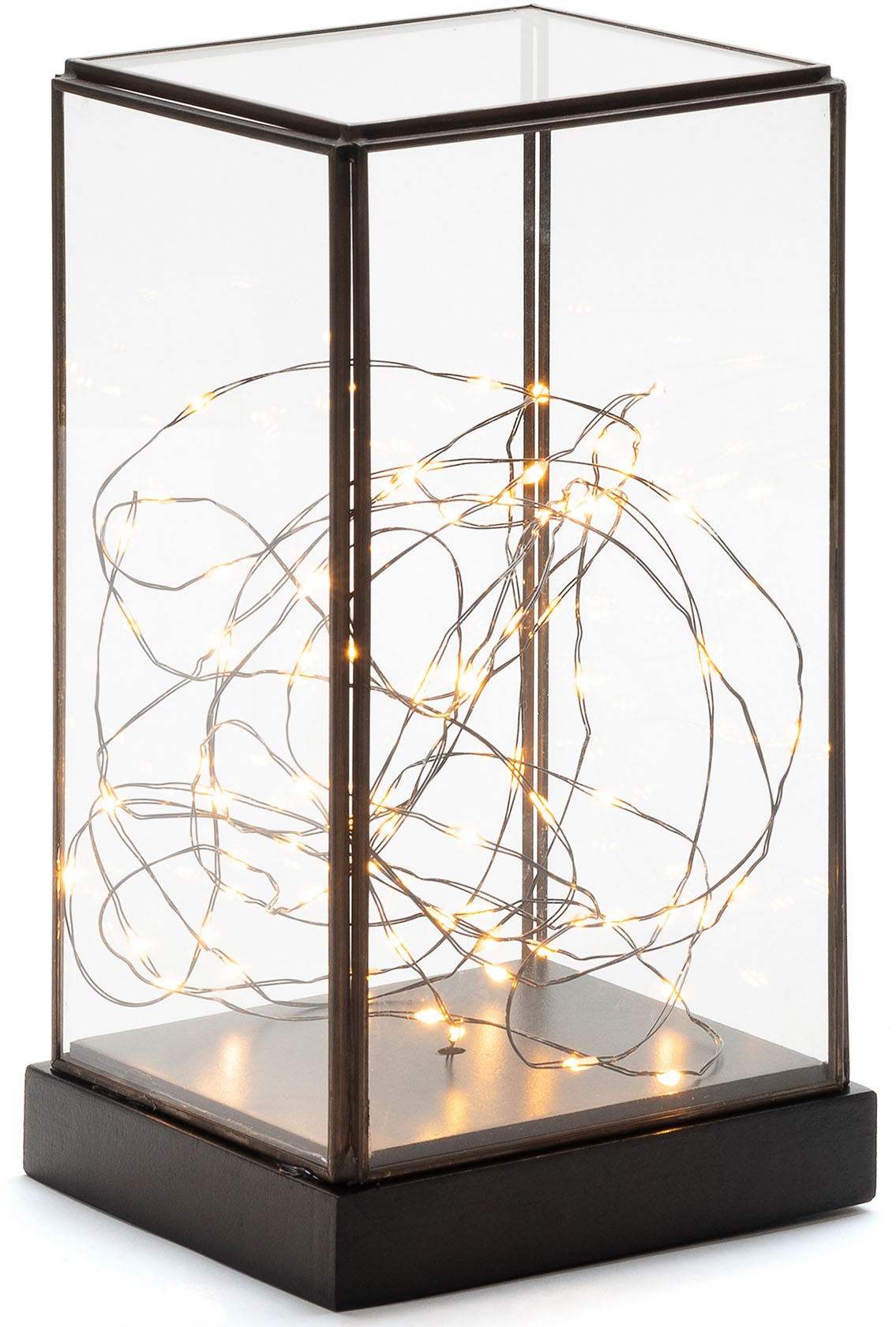 KONSTSMIDE LED Laterne »Weihnachtsdeko«, 80 flammig-flammig, LED Glaslaterne rechteckig mit schwarzem Holzfundament