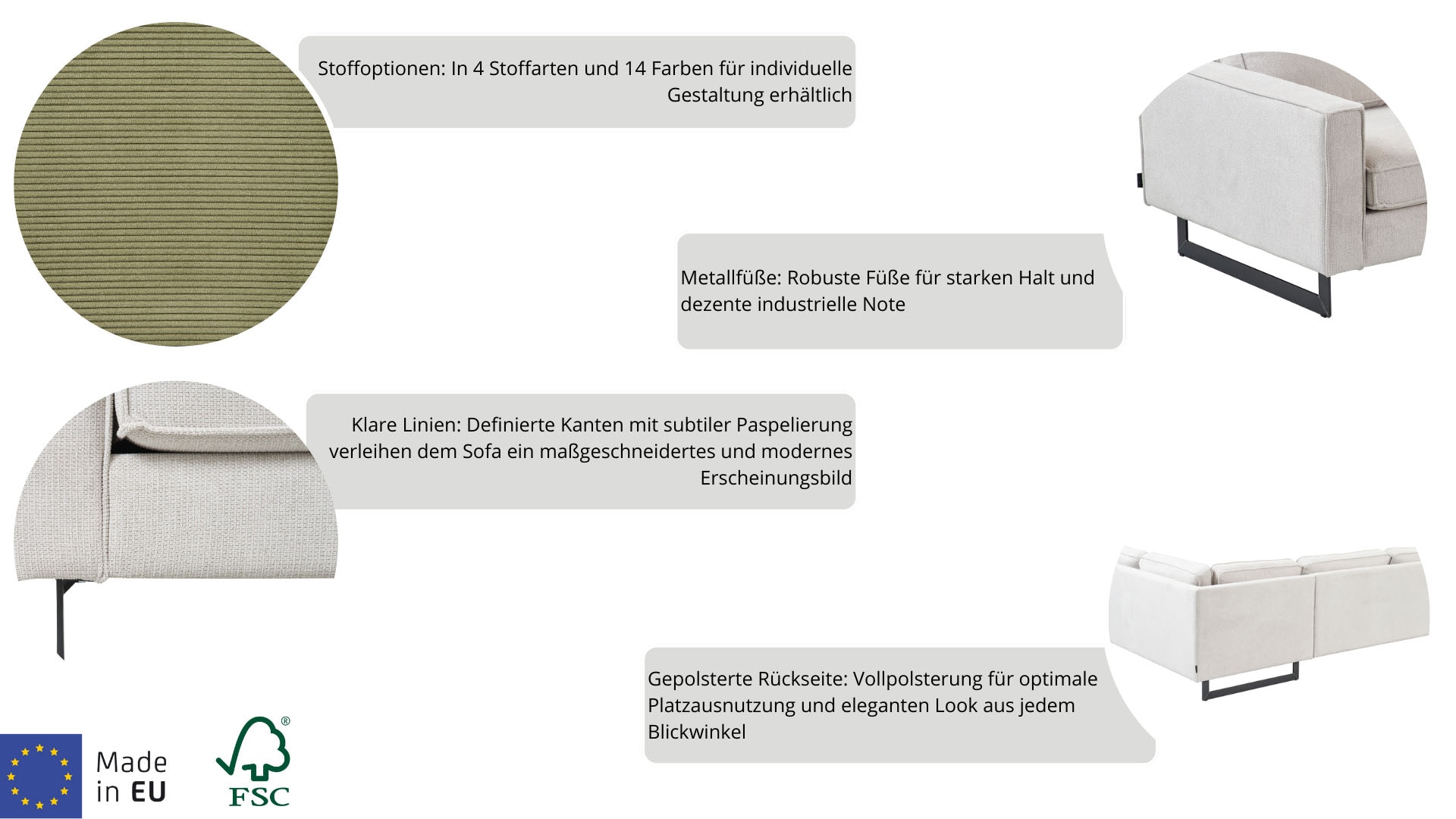 Places of Style 3-Sitzer »Pinto«, mit Keder, Metallfüßen und auch in Cord Bezug erhältlich