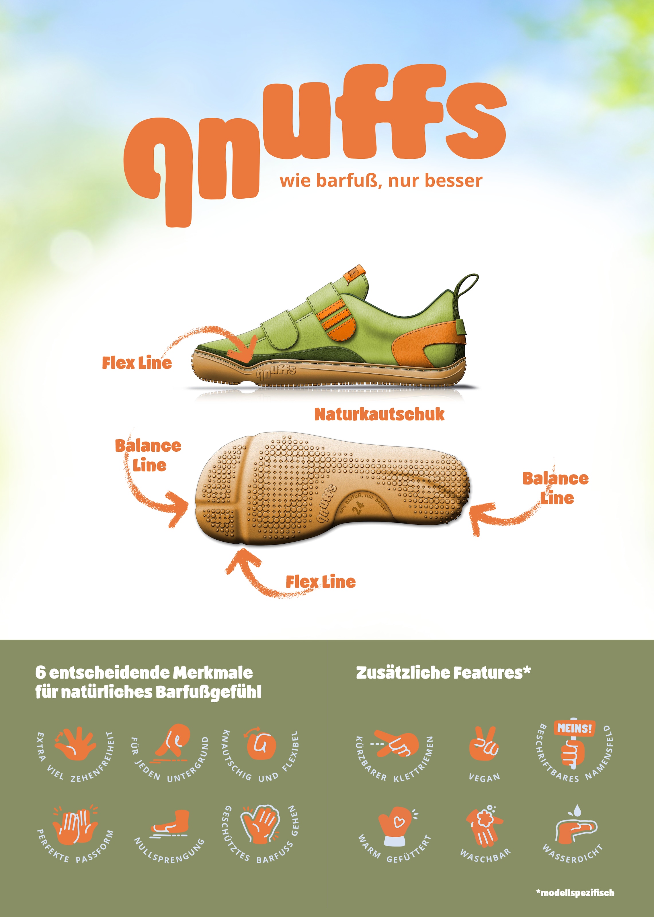 qnuffs Barfußschuh »Fichte«  Klettschuh, Sneaker, Halbschuh mit Kontrastbesätzen