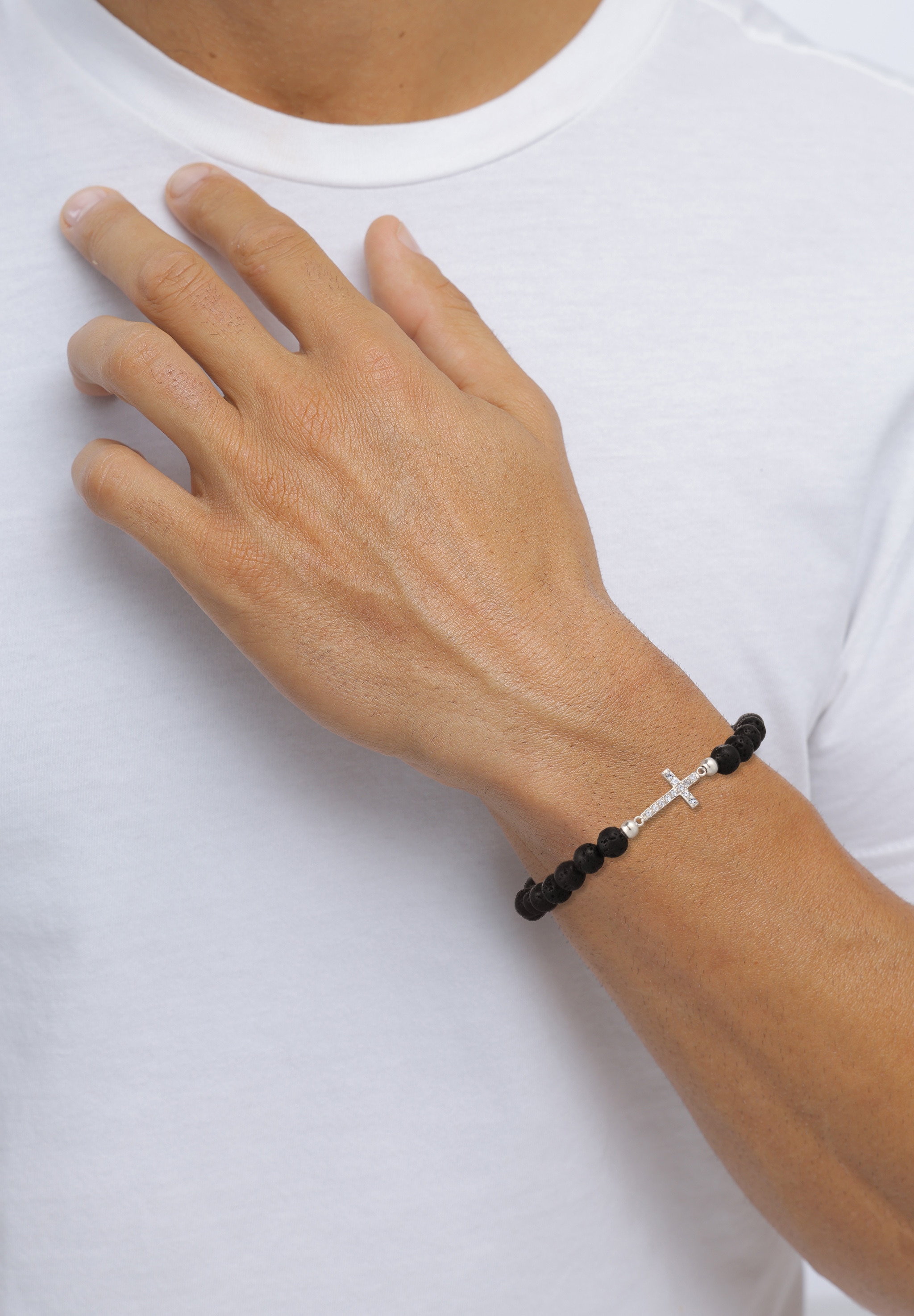 Kuzzoi Armkette »Armband Kreuz Lavaperlen Schwarz 925 Sterling Silber, mit Kristallen von Swarovski®«