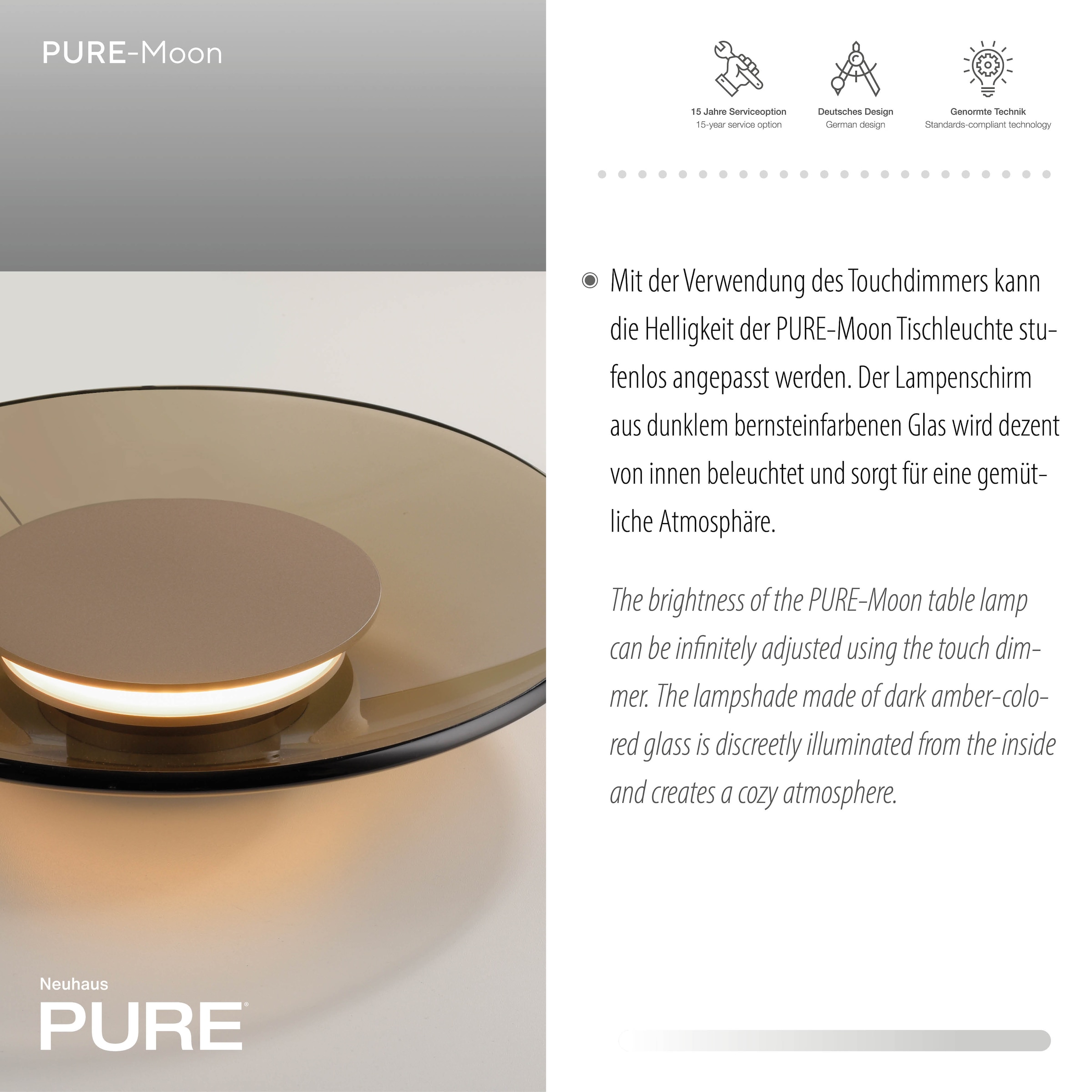 Neuhaus PURE LED Tischleuchte »PURE Moon« LED-Board 1 Stk. Warmweiß Stufenloses dimmen per Touchdimmer, Glas amberfarben