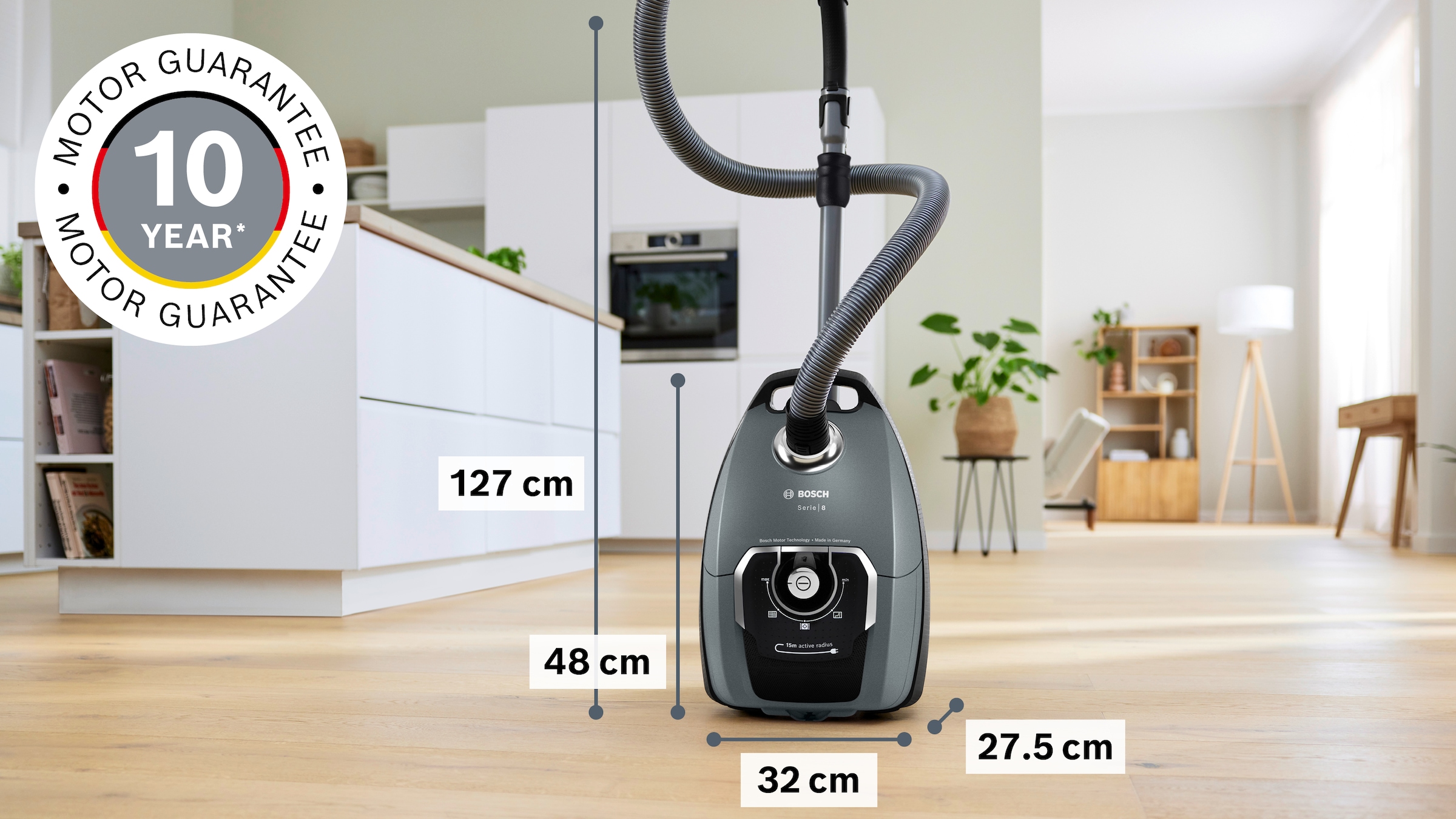 BOSCH 1100000002199 »Serie 8 BGL75X1PRQ, für Allergiker, 10 Jahre Motorgarantie, leise« 750 W mit Beutel Hygiene-Filter, Hartbodendüse, XXL-Polsterdüse, langes Kabel, grau
