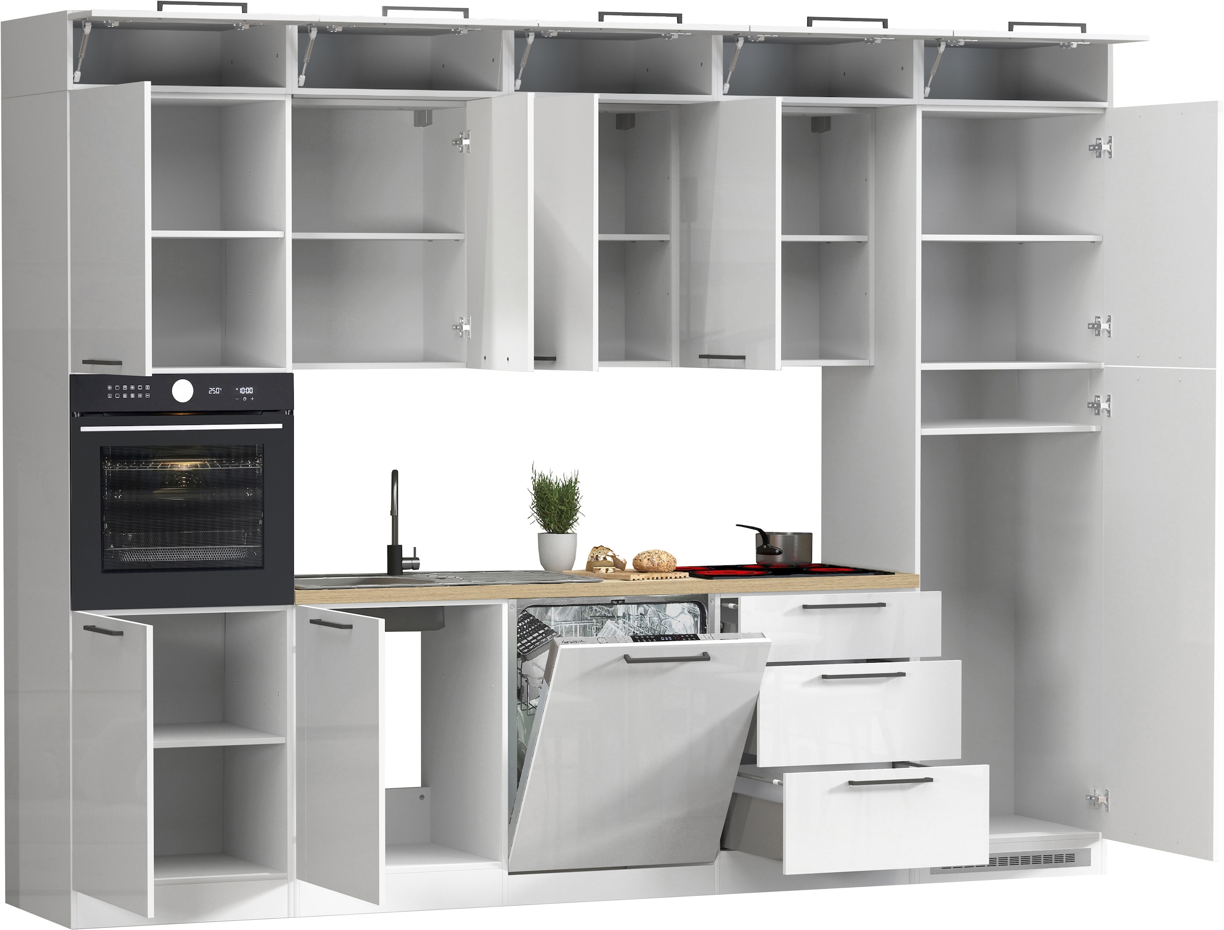 KOCHSTATION Küchenzeile »Luna, Einbauküche, Zeilenküche, mit Soft-Close Funktion, Made in Italy« Breite 300 cm ohne E-Geräte, mit Spüle+Siphon und Aufsatz