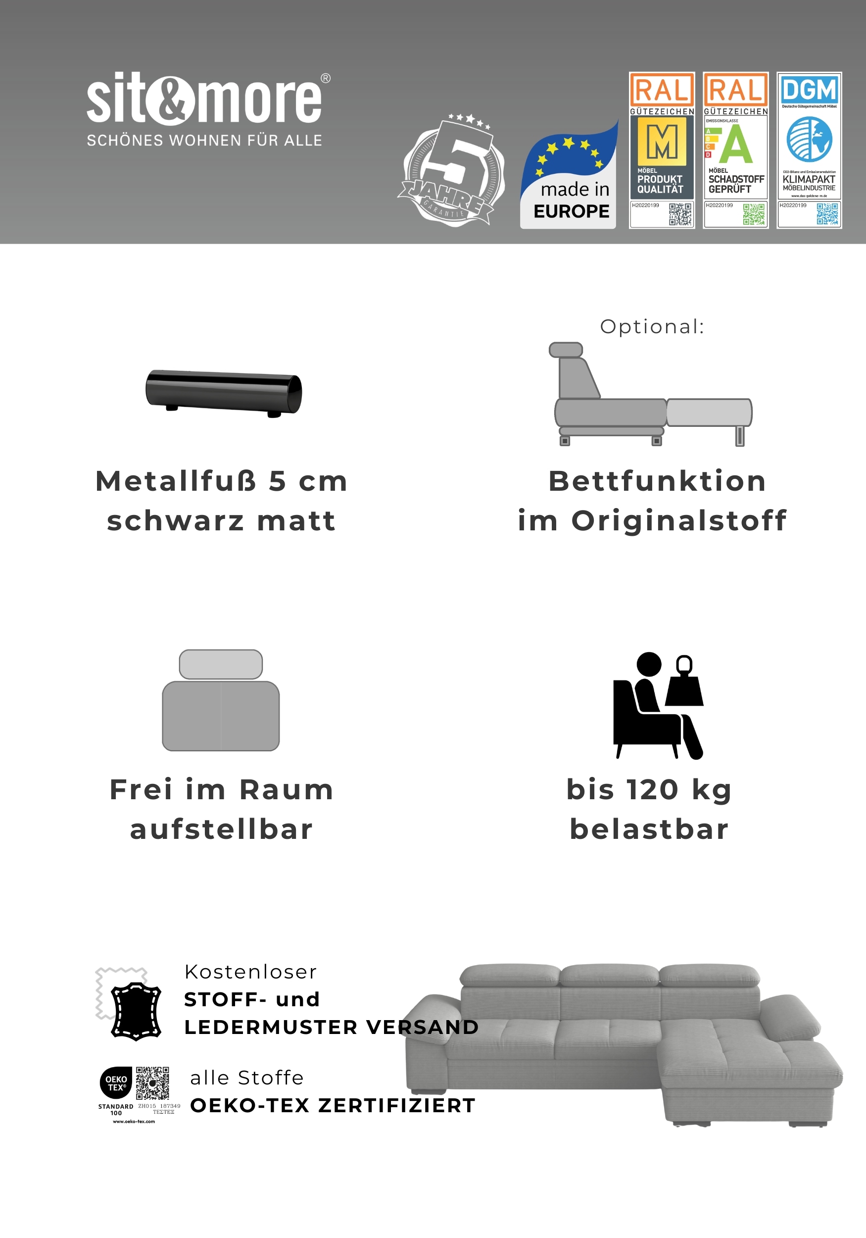 sit&more Ecksofa »Viola, L-Form, B: 260 cm« optional Bettfunktion,inkl Armteil- & Kopfteilverstellung