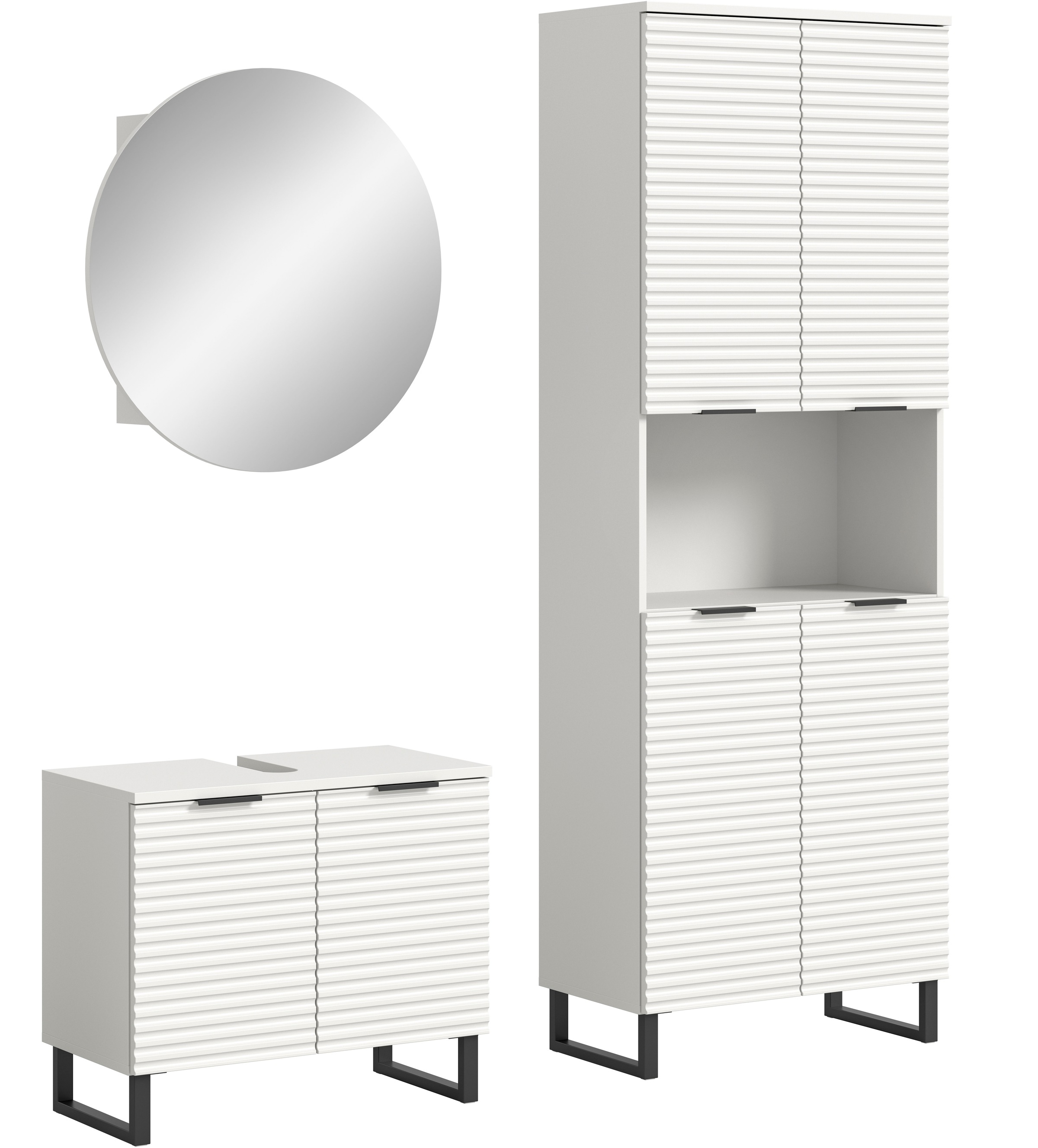 welltime Badmöbel-Set »Litica, Breite 155 cm, hochwertige Rillenfräsung, Metallkufen«, (3 St.), best. aus.: Waschbeckenunterschrank, Spiegelschrank, Hochschrank