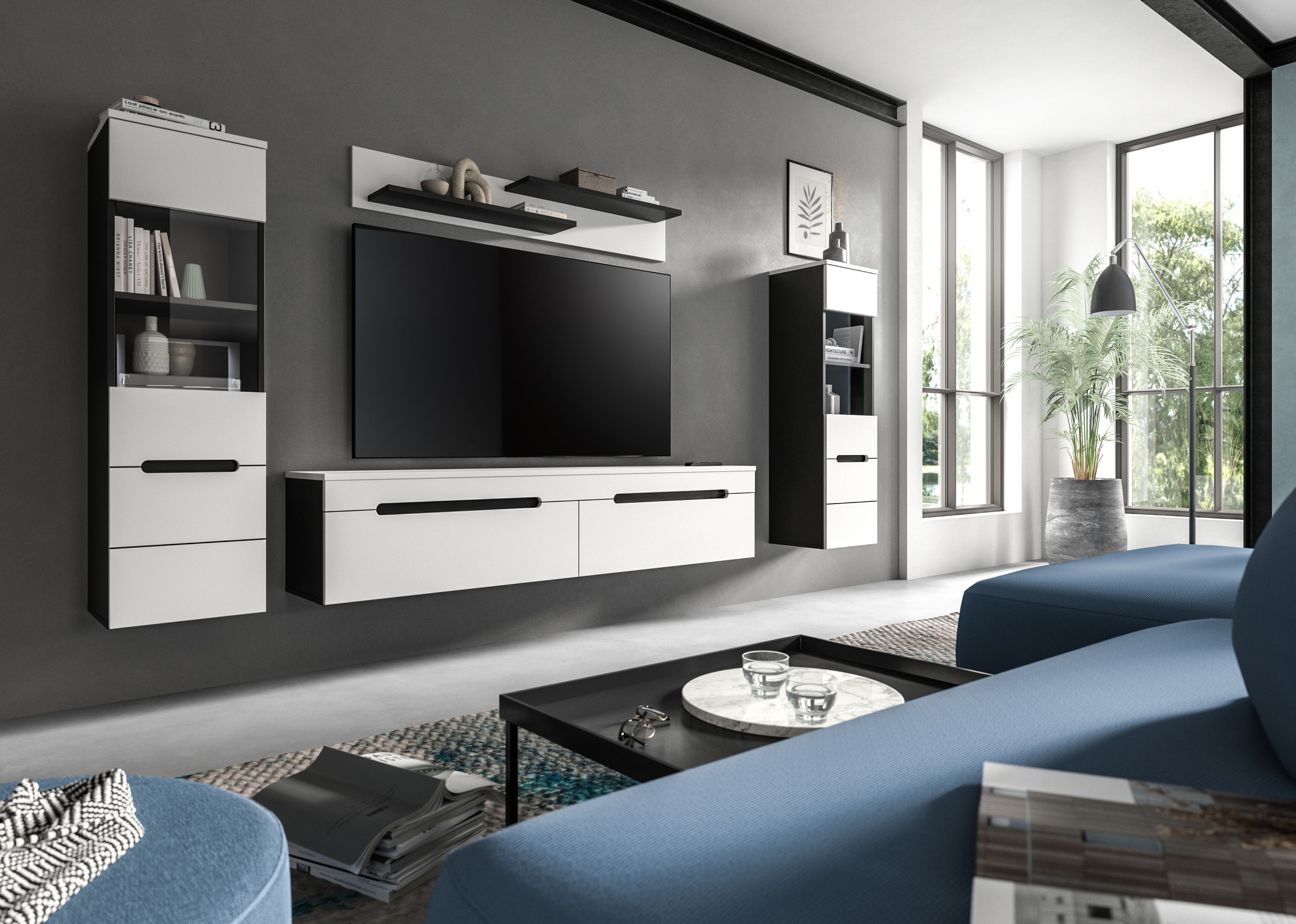 Home affaire Wohnwand »REHAT, TOPSELLER!, 4-teilig, wahlweise stehend und hängend montierbar« Set bestehend aus: 2x Vitrine, Lowboard und Wandboard, 3 Stk. tlg.