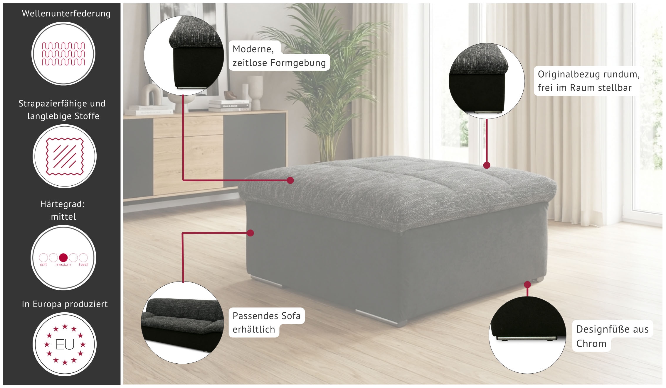 OTTO home Hocker »Saltrum 87 x 87 cm, formschön und stabil« pflegeleichter Bezuggstoff