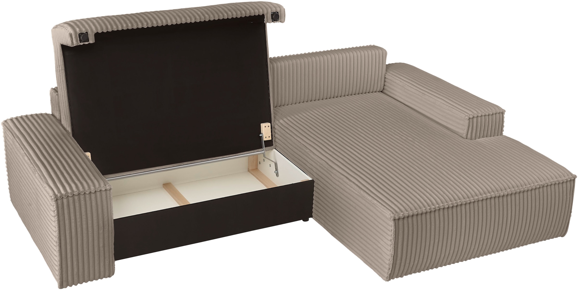 andas Ecksofa »Finnley Schlafsofa 267 cm in Bouclé, Struktur fein u. Cord, L-Form,«, Schlaffunktion m. Bettkasten (136/210 cm), Bouclé, Struktur und Cord