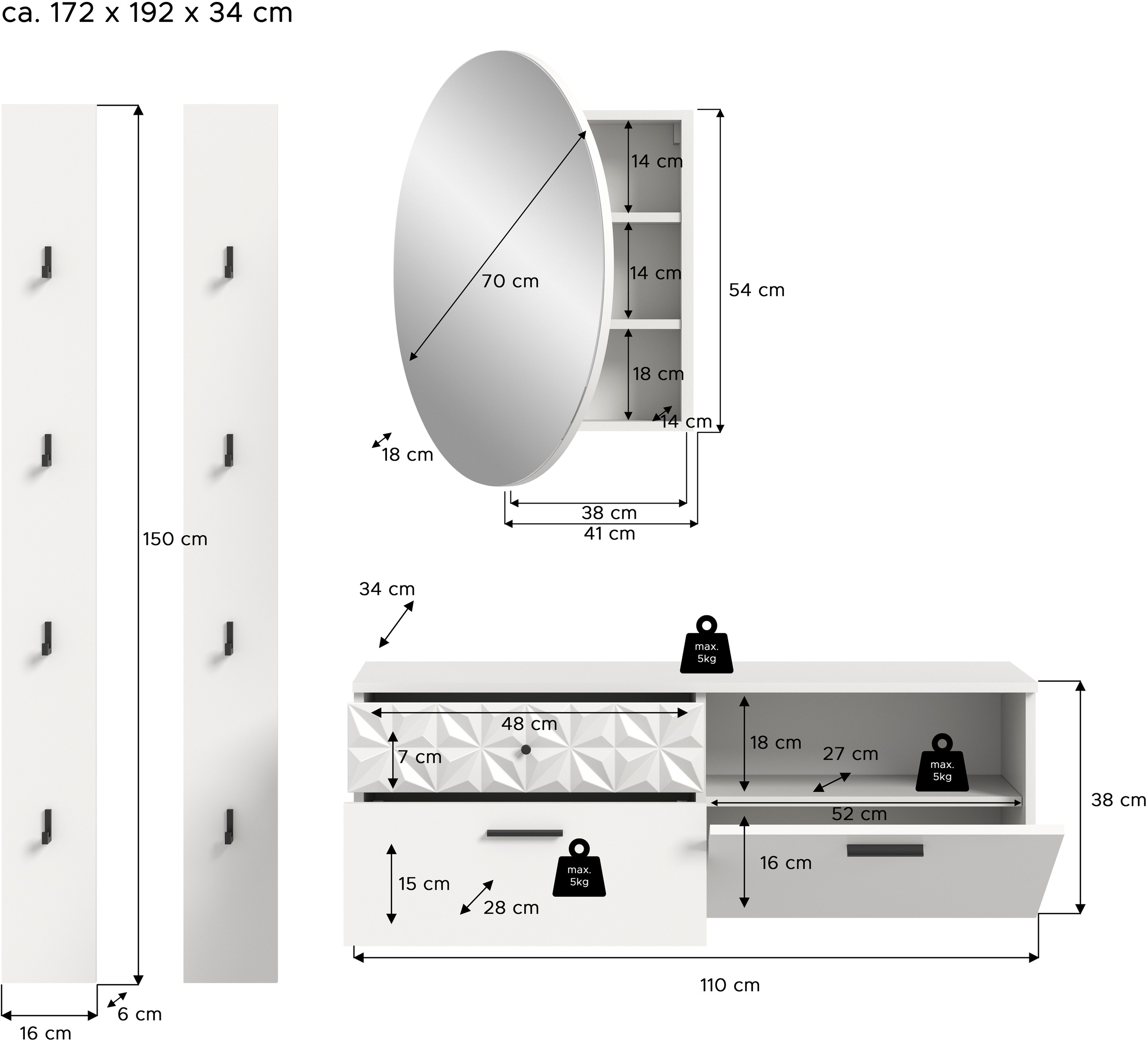 INOSIGN Garderoben-Set »VICENZA, 4-tlg., mit foraler Ornamentabsetzung in der Front«, (4 St.), best. aus.: Schuhschrank, Spiegelschrank und 2x Hakenpaneel