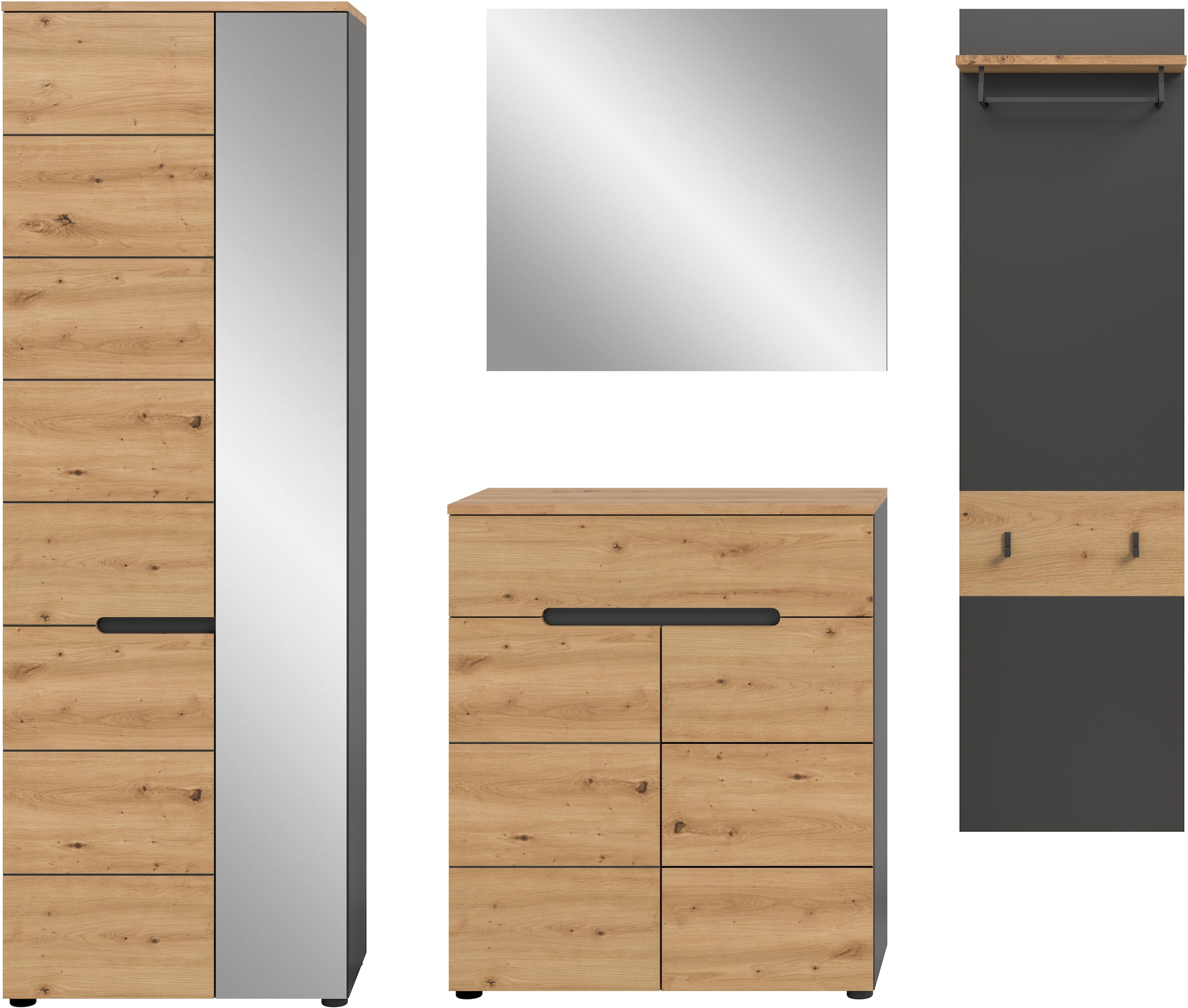 Home affaire Garderoben-Set »REHAT, TOPSELLER!, 4-teilig, Breite 220 cm, individuell erweiterbar« Set, bestehend aus: Garderobenschrank, Kommode, Spiegel & Garderobenpaneel, 4 Stk. tlg.