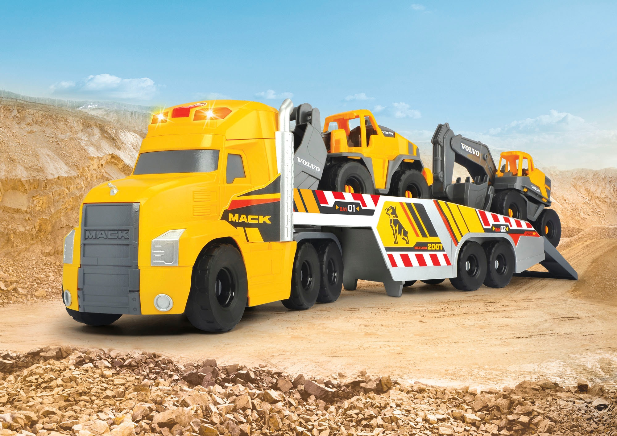 Dickie Toys Spielzeug-Baumaschine »Mack/Volvo Heavy Loader Truck«, (Set), mit Licht und Sound