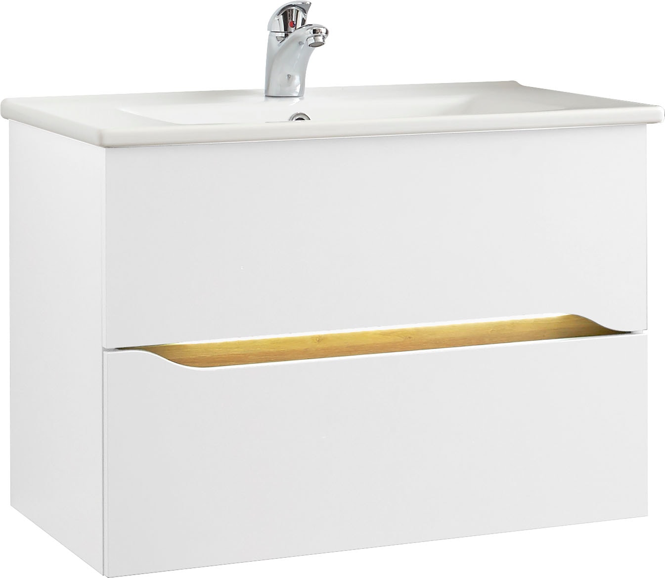 Saphir Badmöbel-Set »Quickset 5-teilig, Keramik-Waschtisch und LED-Spiegelschrank«, (7 St.), Midischrank, Unterschrank, Hängeschrank, inkl. Türdämpfer, 7 Türen
