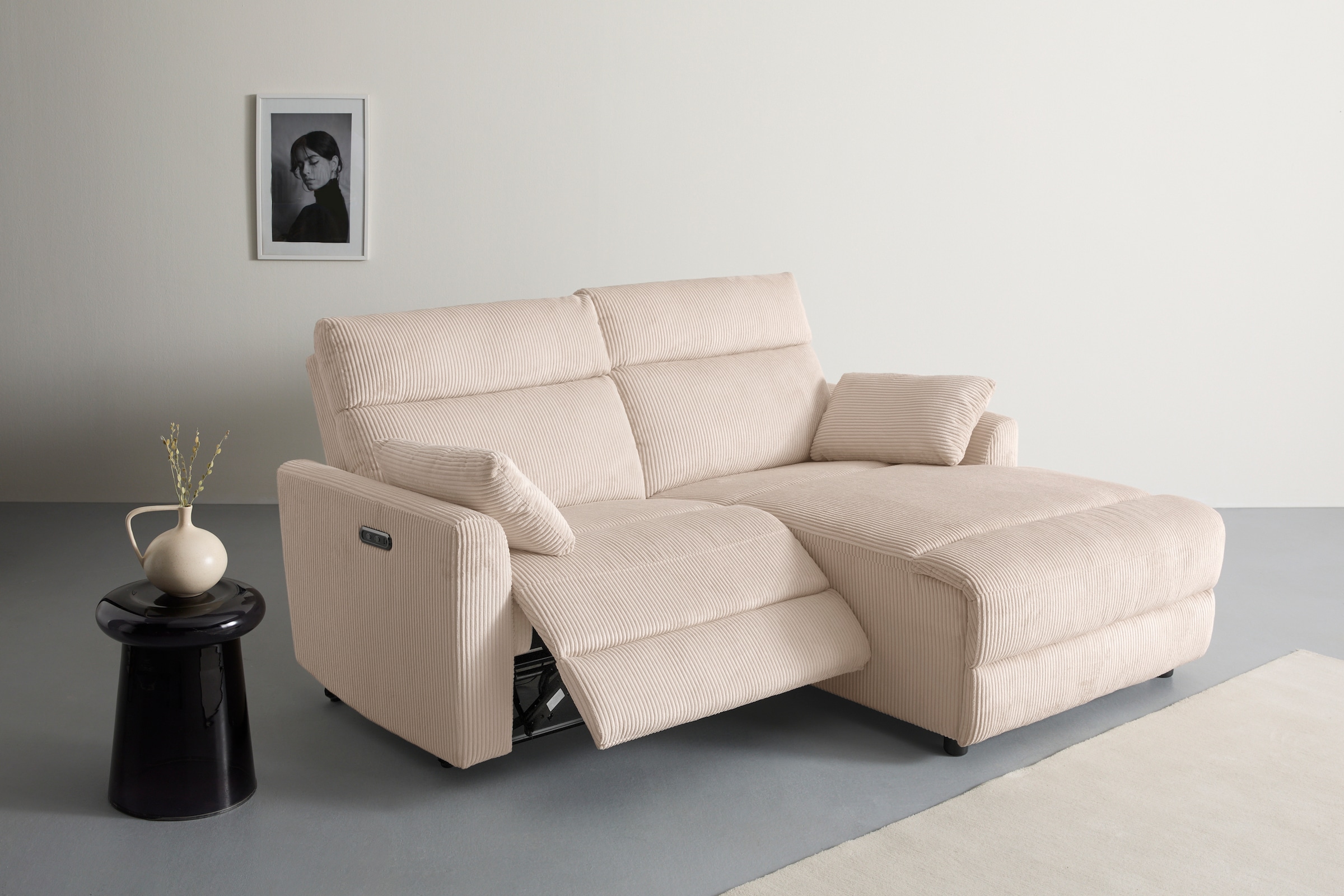 INOSIGN Ecksofa »JENNA, L-Form, 209cm, manuelle u. elektrische Funktion, mit USB A/C,«, Liegefunktion 105°-150°, Federkern, Cord