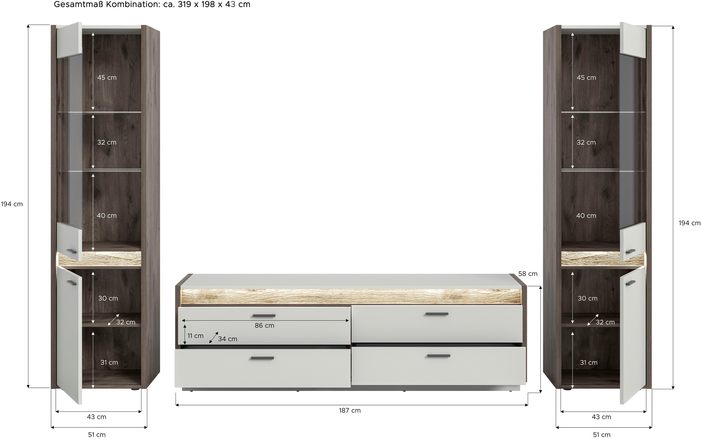 INOSIGN Wohnwand »Treviso, Breite 319 cm, bestehend aus: 2x Vitrine und 1x Lowboard«, (3 St.), Kombination, Wohnkombination, Mediawand, TV-Wand