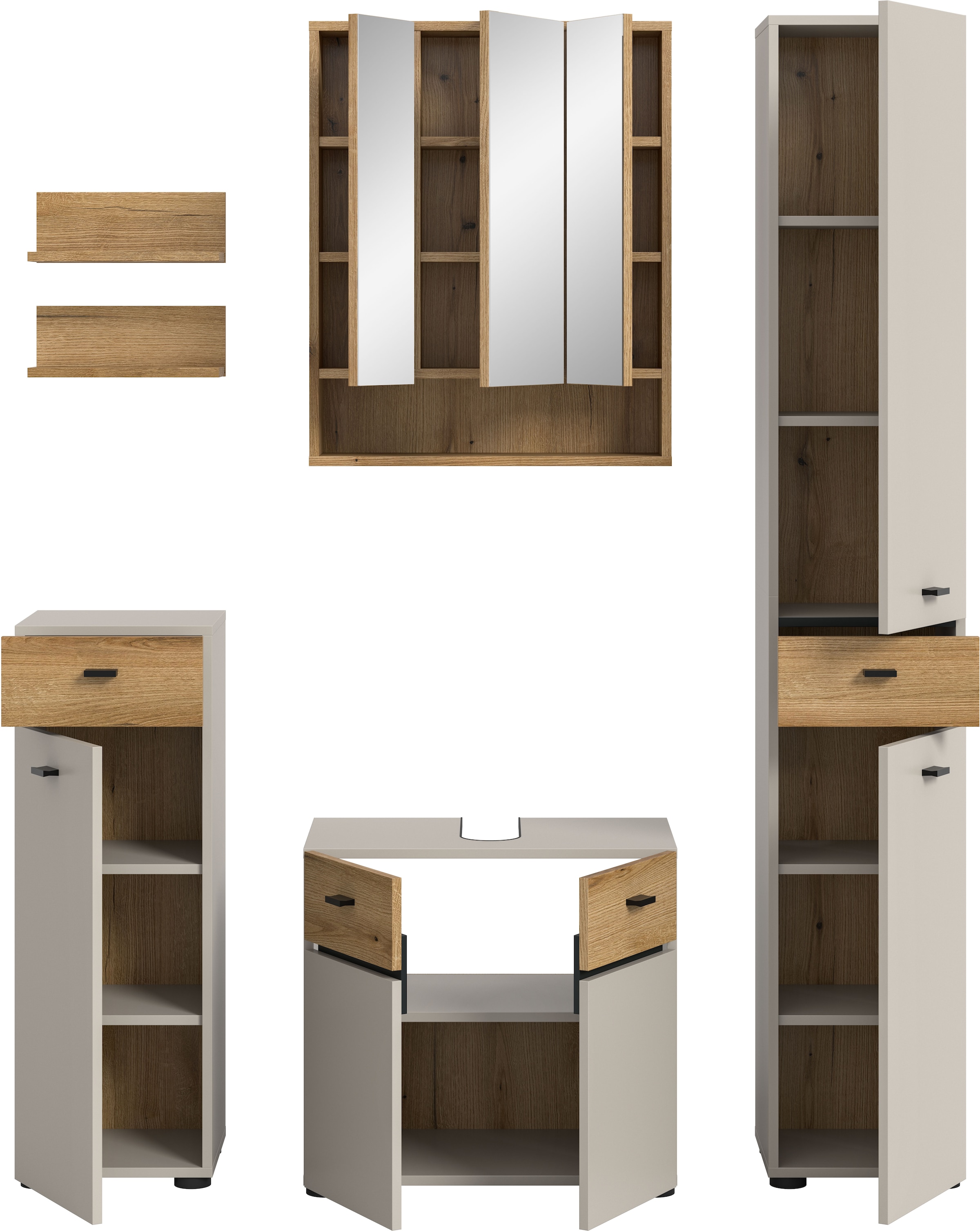 welltime Badmöbel-Set »VANN, 6-teilige moderne Badkombination, individuell stellbar« Midischrank, 2er Set Wandregal, WBU, Spiegelschrank, Hochschrank, 6 Stk. tlg.