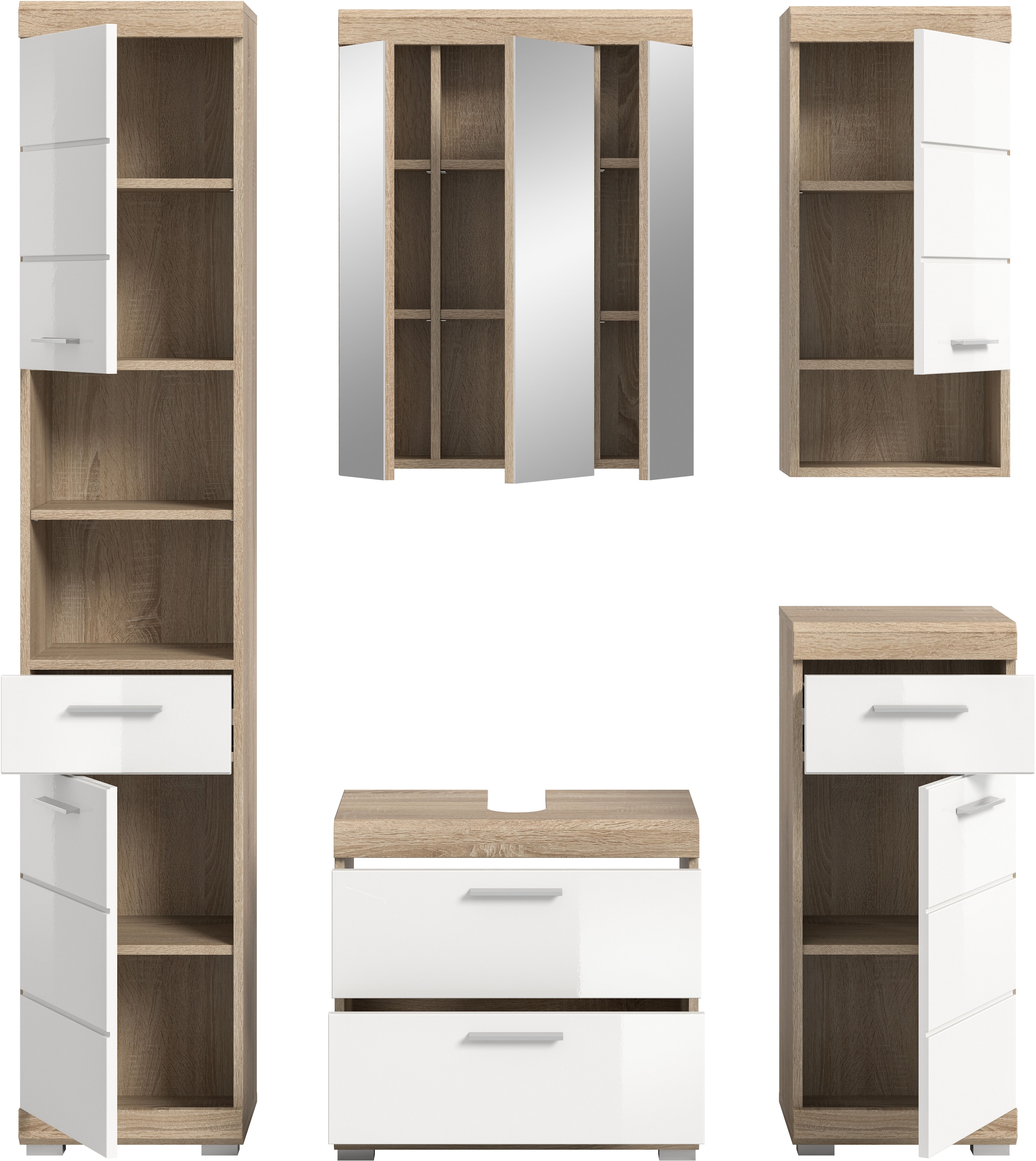 INOSIGN Badmöbel-Set »Siena, 5 teilig, bestehend aus:«, (Set), Hochschrank, WBU, Spiegelschrank, Unterschrank, Hängeschrank