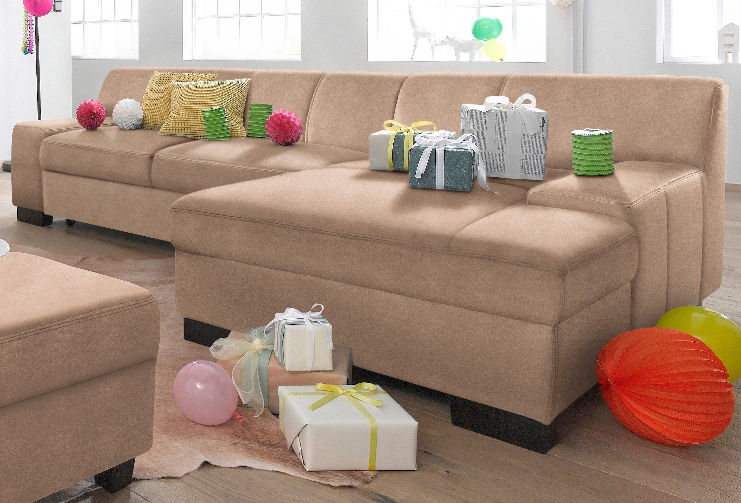 DOMO collection Ecksofa »Norma, elegant und modern, mit flachen Armlehnen, L-Form«, wahlweise mit Bettfunktion