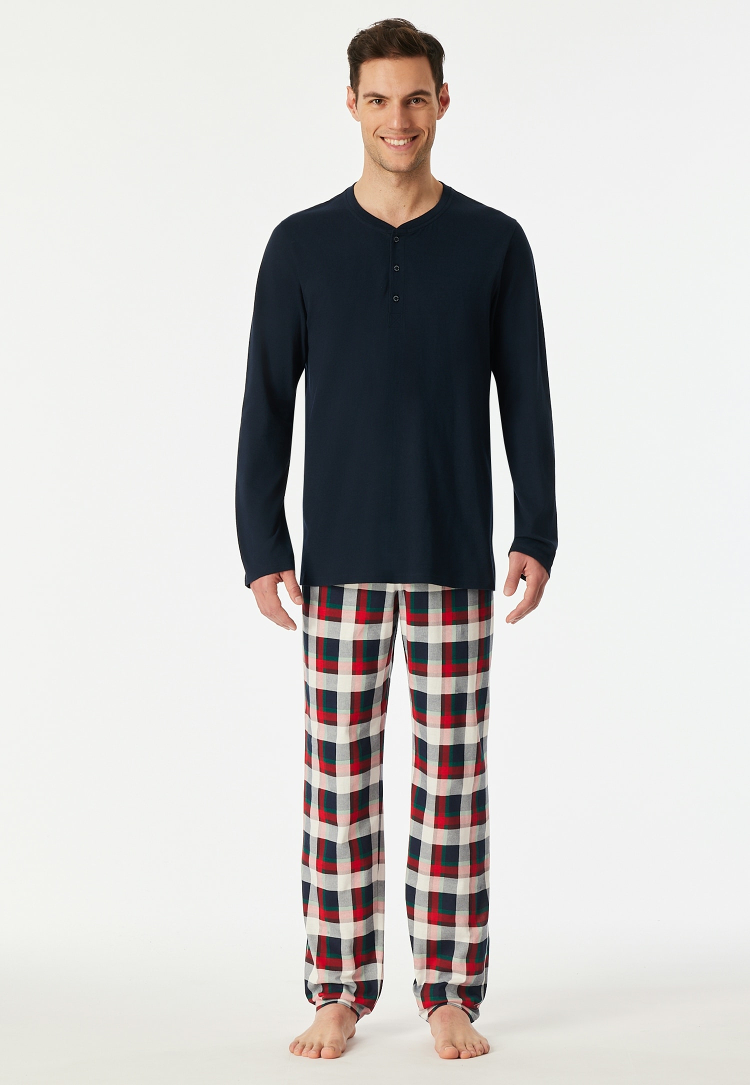 Schiesser Schlafanzug »Family« Rundhalsausschnitt mit Knopfleiste, Brusttasche, Langarm, Hose kariert