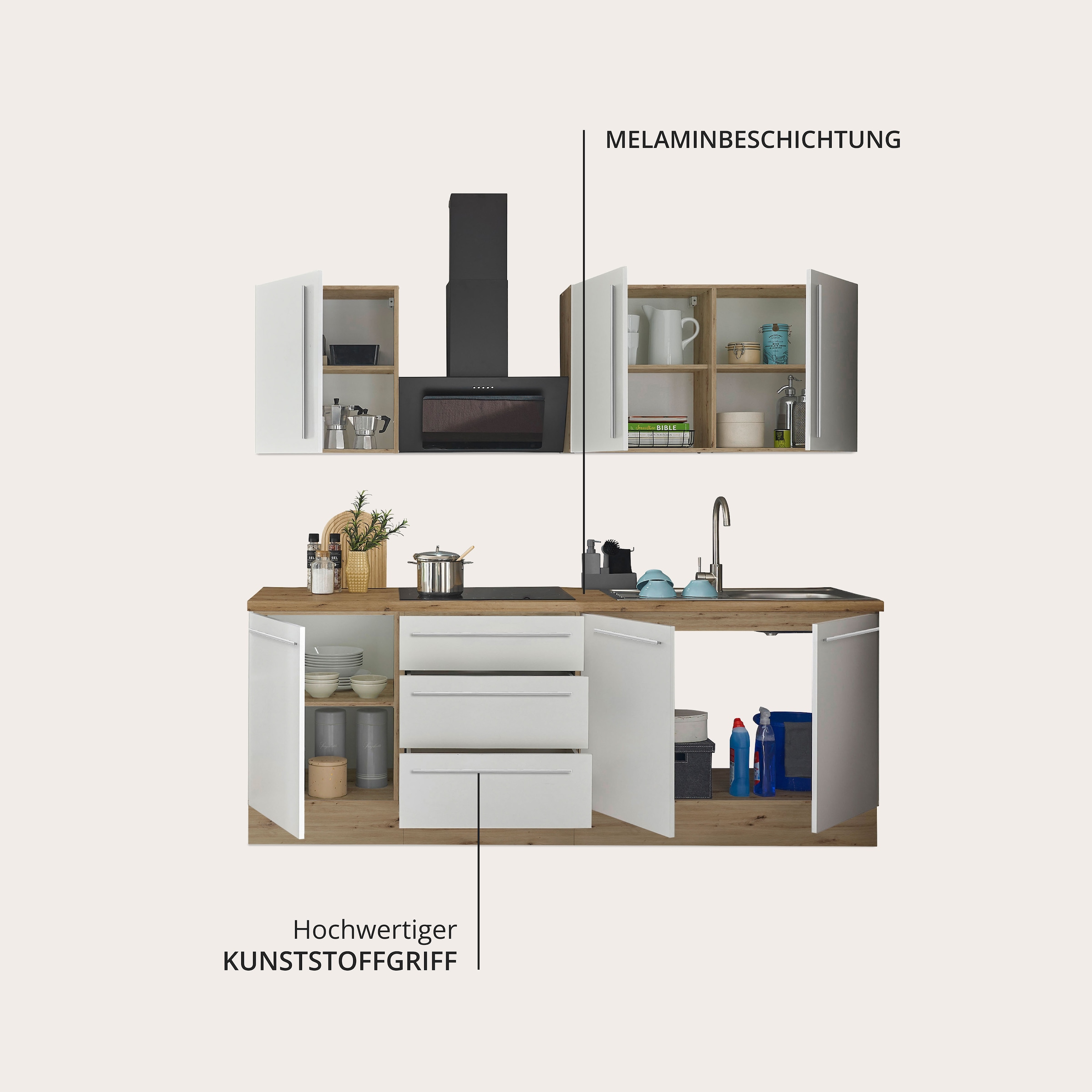 KOCHSTATION Küchenzeile »Florida« Breite 210 cm, Softclose für Türen und Schubkästen, ohne E-Geräte