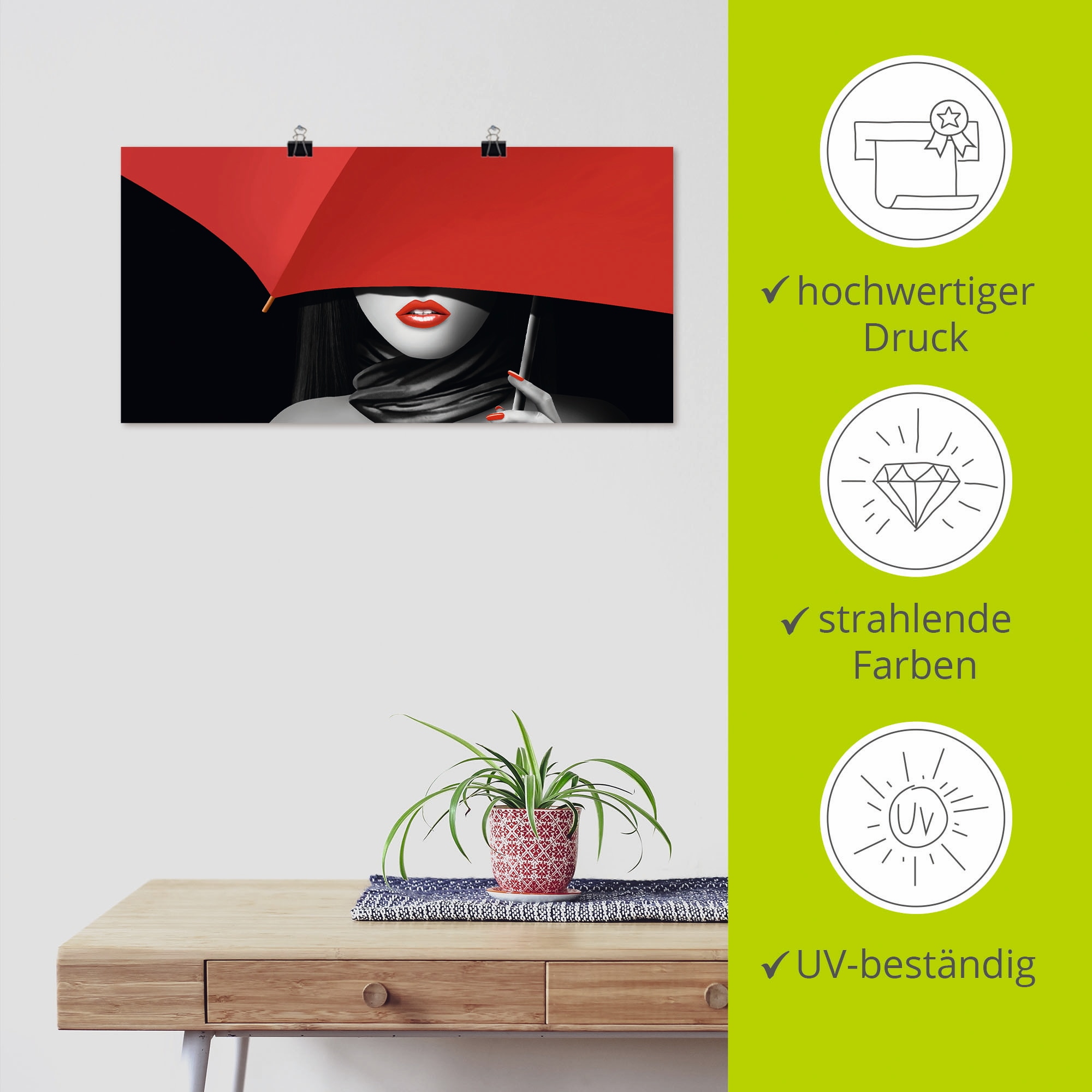 Artland Wandbild »Rote Lippen unter dem Regenschirm«, Frau, (1 St.), als Alubild, Outdoorbild, Poster, Wandaufkleber in verschied. Größen
