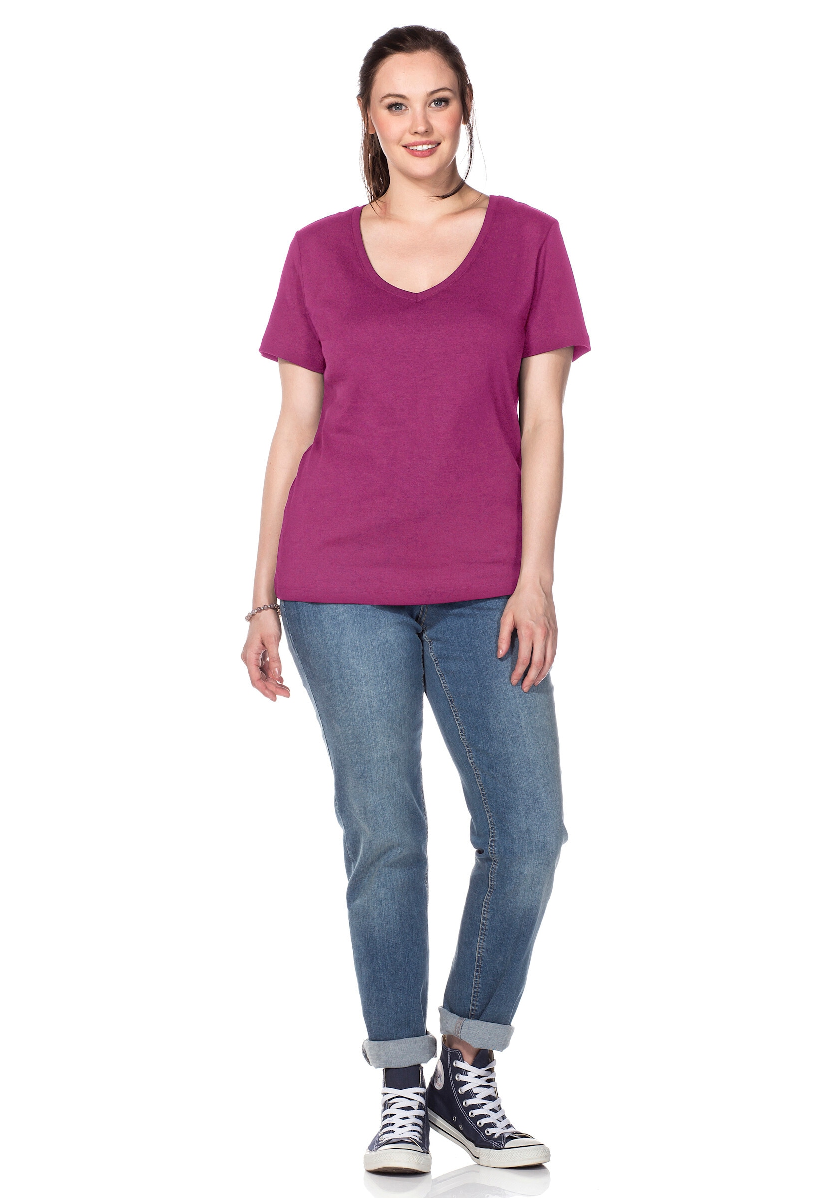 Sheego T-Shirt »T-Shirt T-Shirt mit V-Ausschnitt, Rippqualität«