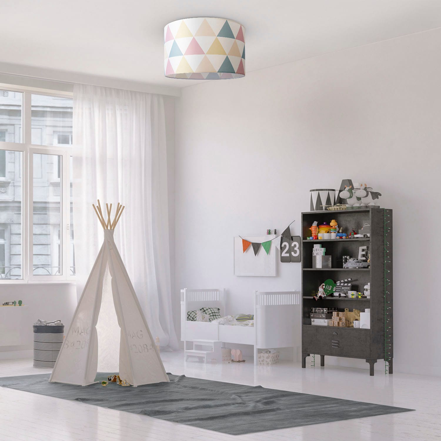 Paco Home Deckenleuchte »Hugo Delta«, Leuchtmittel E27 | ohne Leuchtmittel, Deckenlampe Stoff Lampenschirm E27 Deckenleuchte Bunt Dreiecke Modern