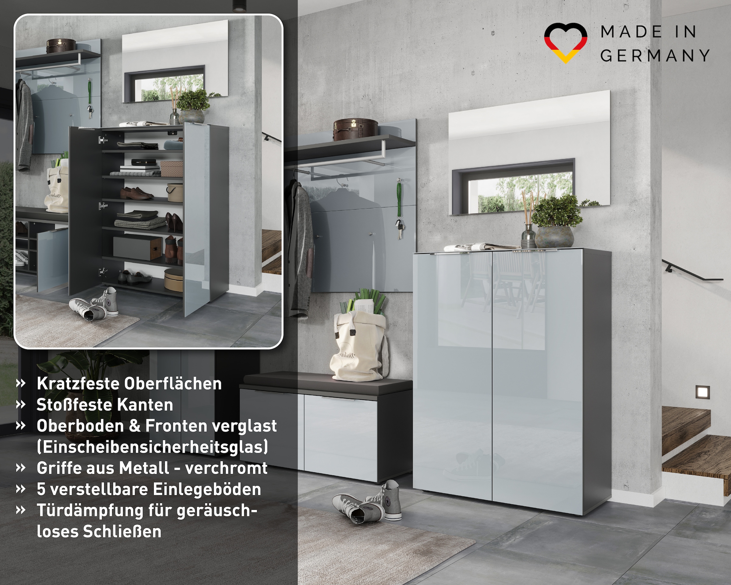 GERMANIA Schuhschrank »Oakland mit Glasfront« Breite: 87 cm, Türdämpfung, verstellbare Böden, Made in Germany