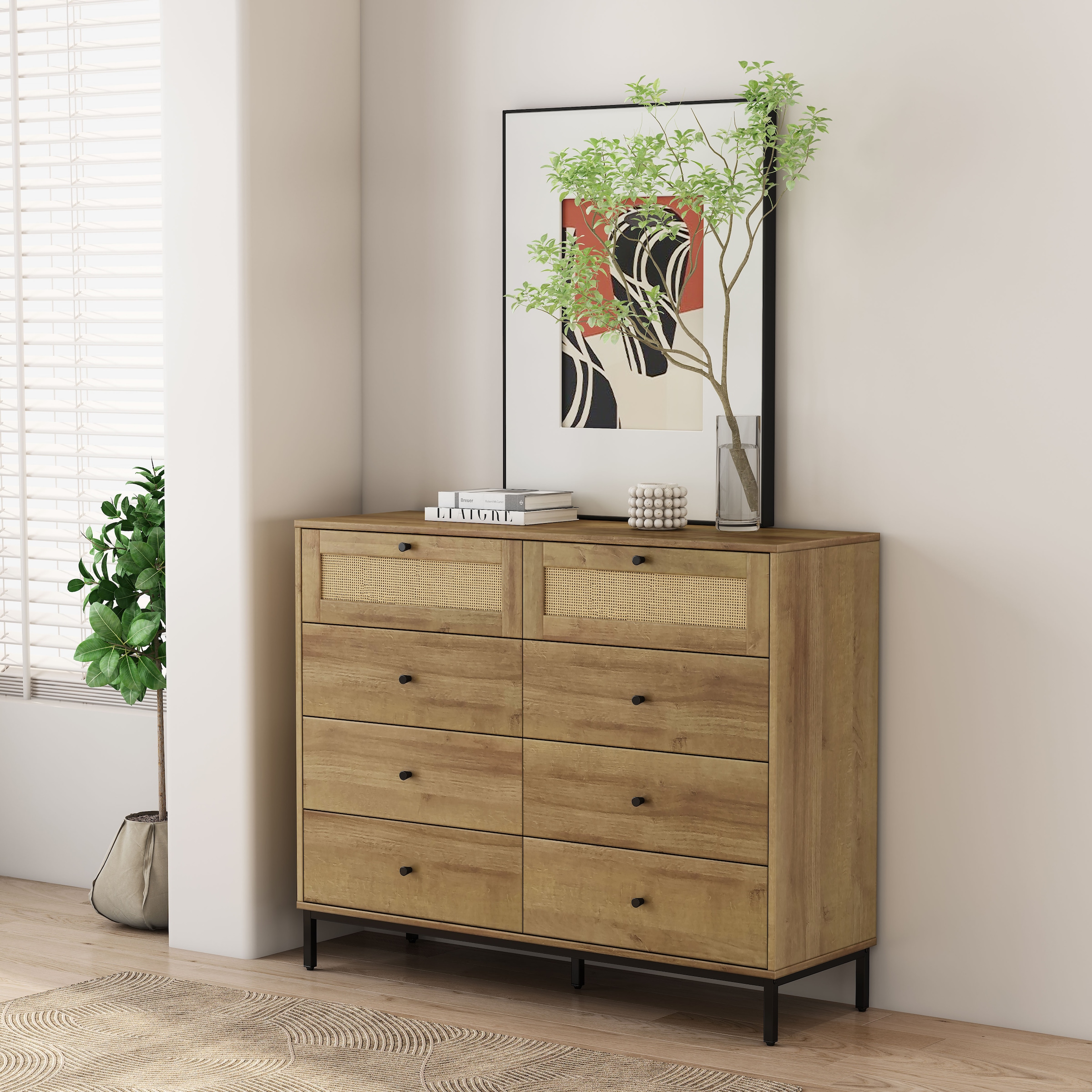 OTTO home Kombikommode »Motala Wäsche Schrank mit 8 Schubladen Sideboard BOHO Design« Eichen-Design mit schwarzen Griffen und Geflecht Schubladen,  Kommode Schrank Wäscheschrank mit 8 Schubladen
