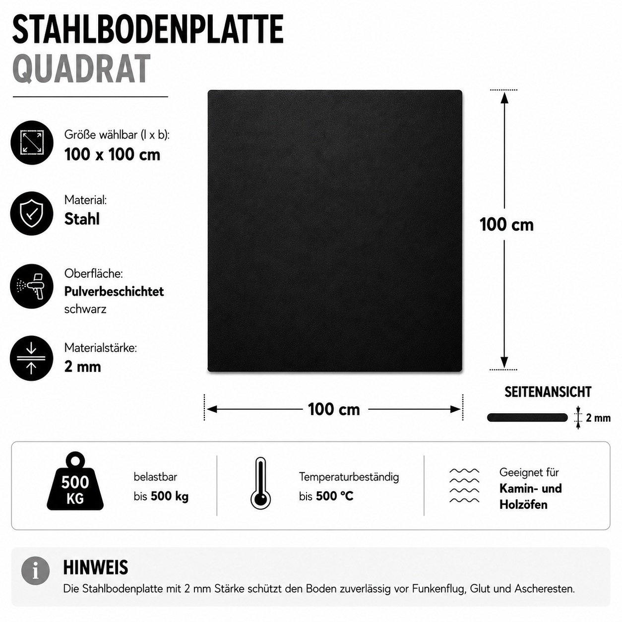 Hanseatic Bodenschutzplatte »für Kaminöfen Quadrat 100 Stahl« 1 Stk. tlg. Stahl-Quadrat, 100 x 100 cm, 2mm Stärke, schwarz, zum Funkenschutz