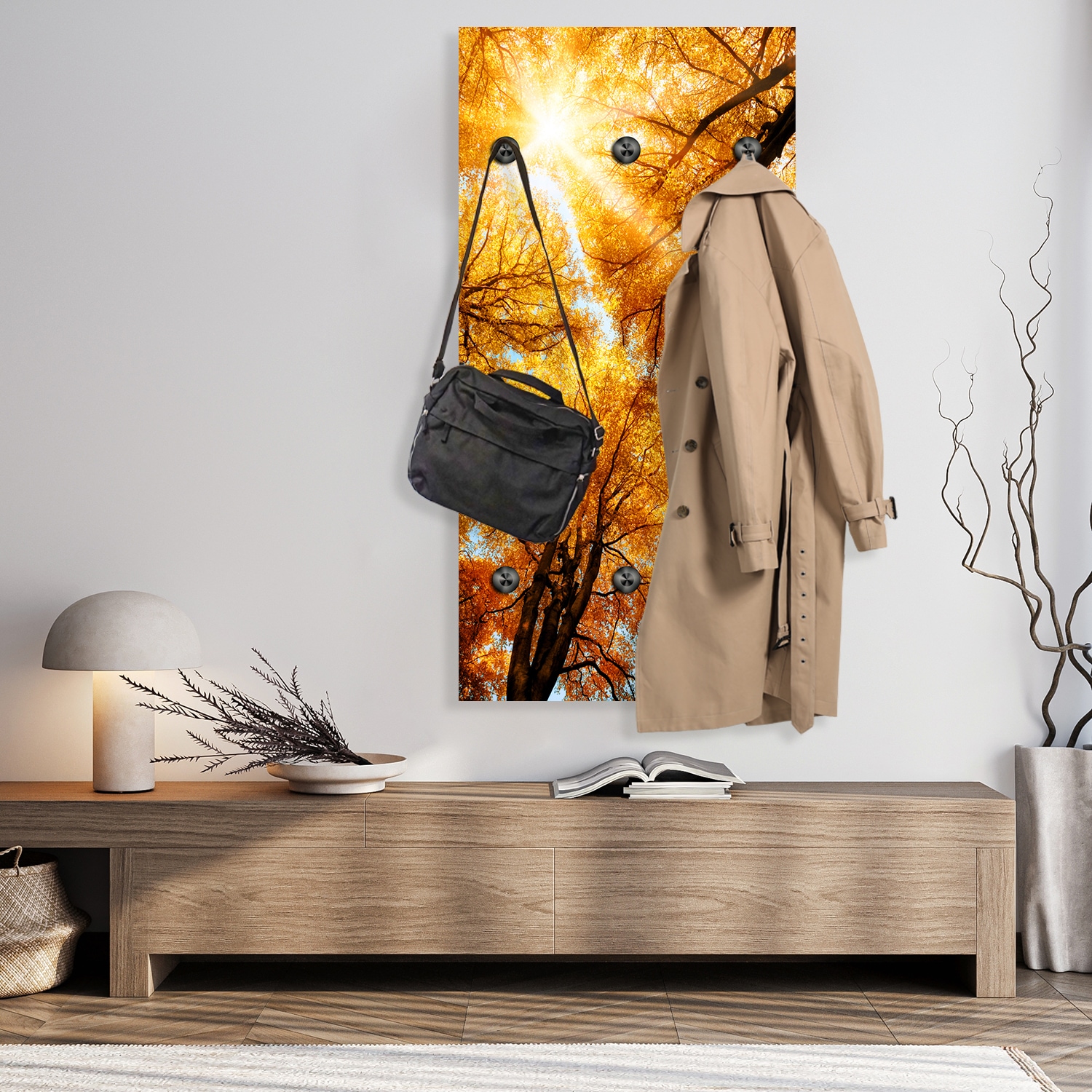queence Wandgarderobe »Herbst Sonnenaufgang im Wald« 1 Stk. tlg. Wandpaneel aus Acrylglas inkl. 6 Edelstahlhaken in schwarz matt