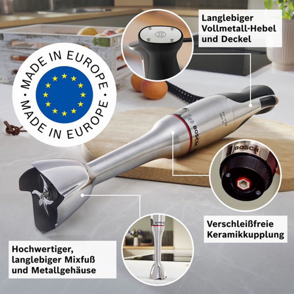 BOSCH Stabmixer »ErgoMaster Serie 8, MSM8M934, Doppelschneebesen, Becher, Zerkleinerer« 1500 W 6 Klingen Edelstahl, Spiralkabel, Keramikkupplung, luftgekühlter Motor
