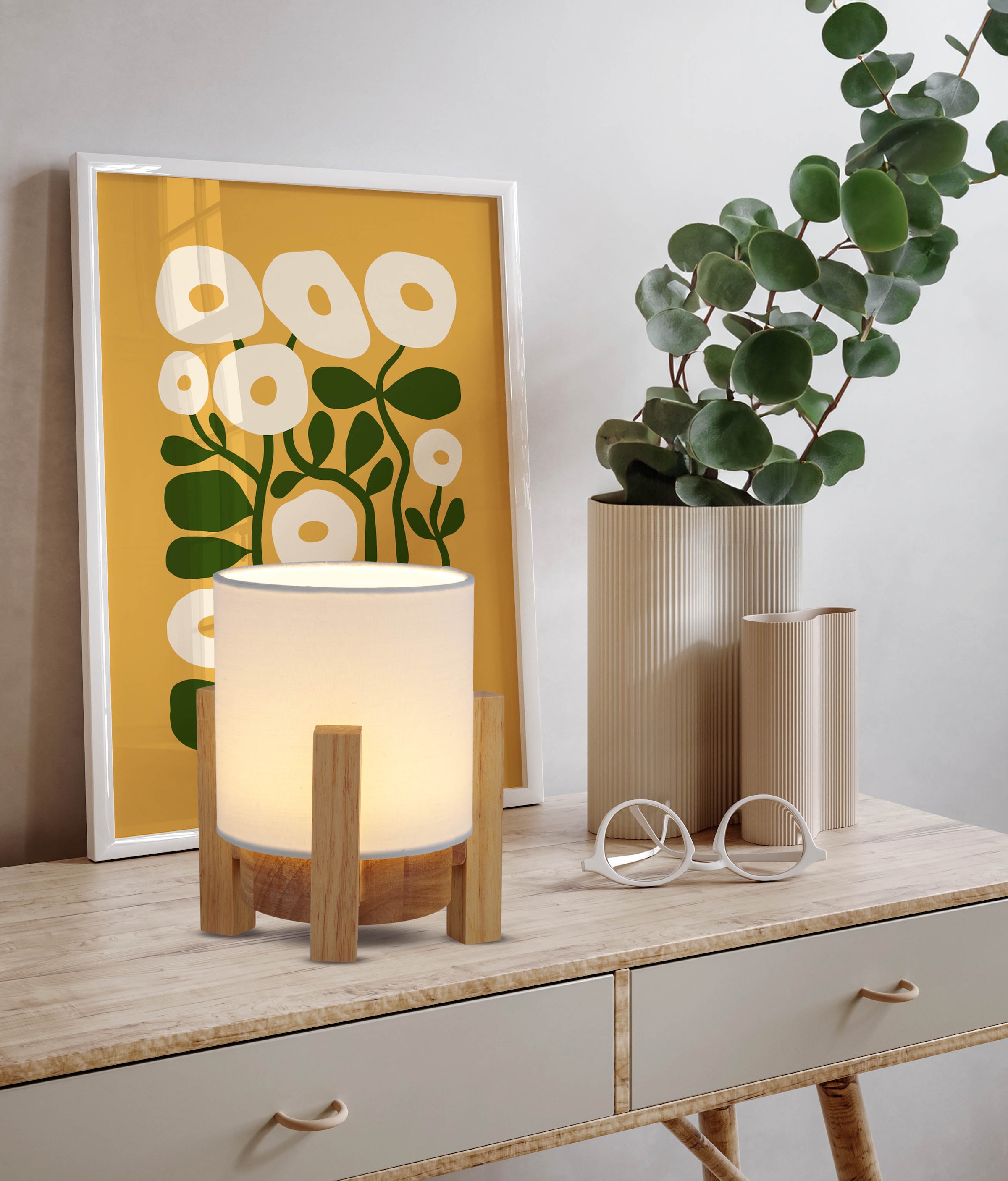 näve LED Tischleuchte »Madita« LED-Modul 1 Stk. Warmweiß Akkubetrieb, inkl. USB-C-Kabel, Holzgestell, Textilschirm, dimmbar