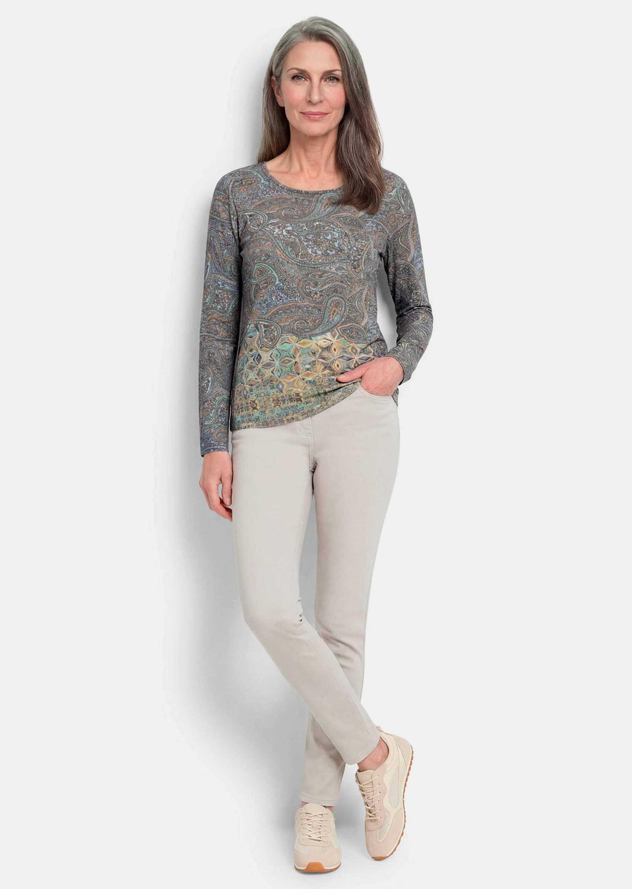 GOLDNER Langarmshirt »Kurzgröße Jerseyshirt mit Paisley-Druck« stretchbequmer Jersey